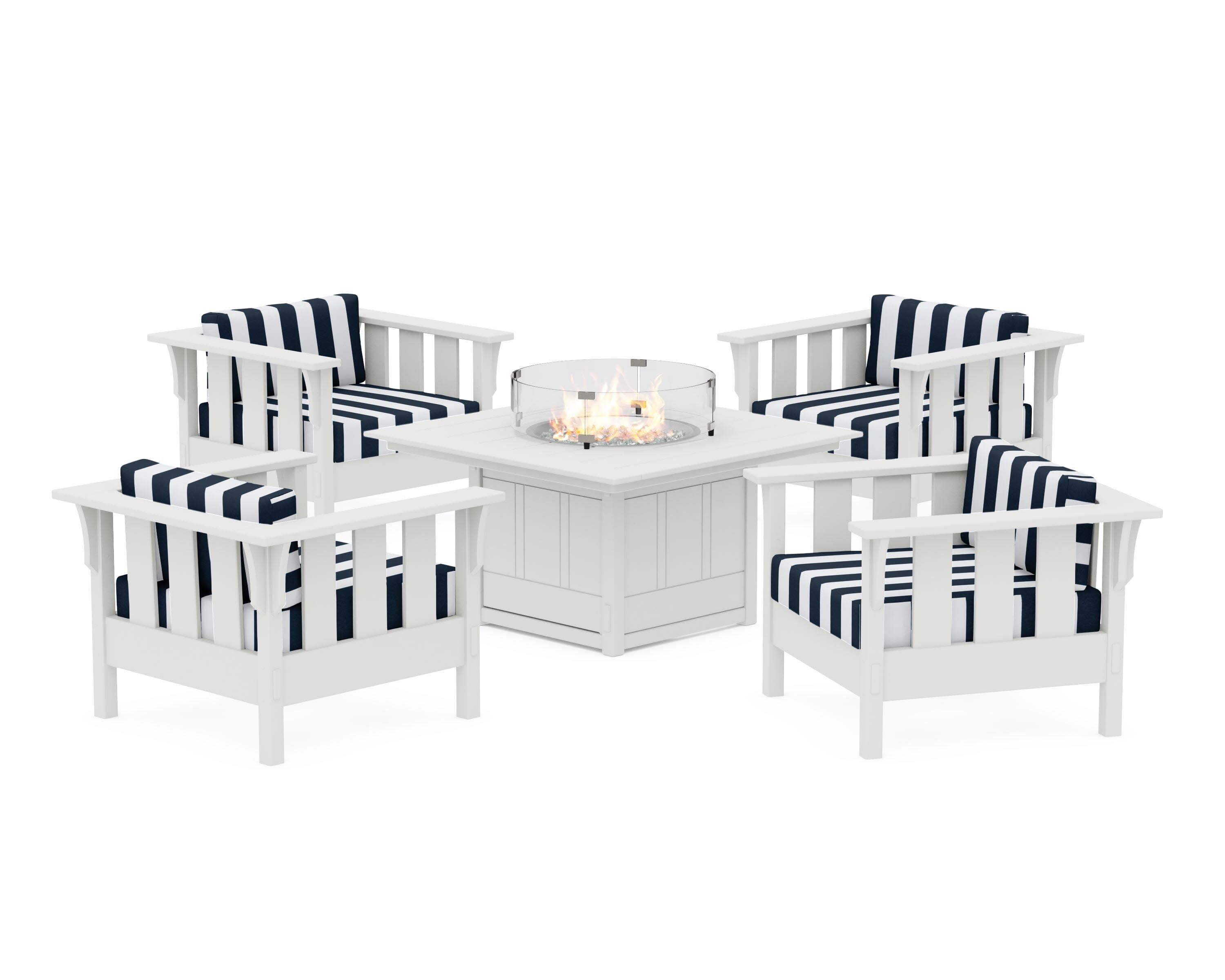 Acadia 5-Piece Deep Seating Set with Fire Pit Table in Vintage White / Cabana Stripe Marine Indigo