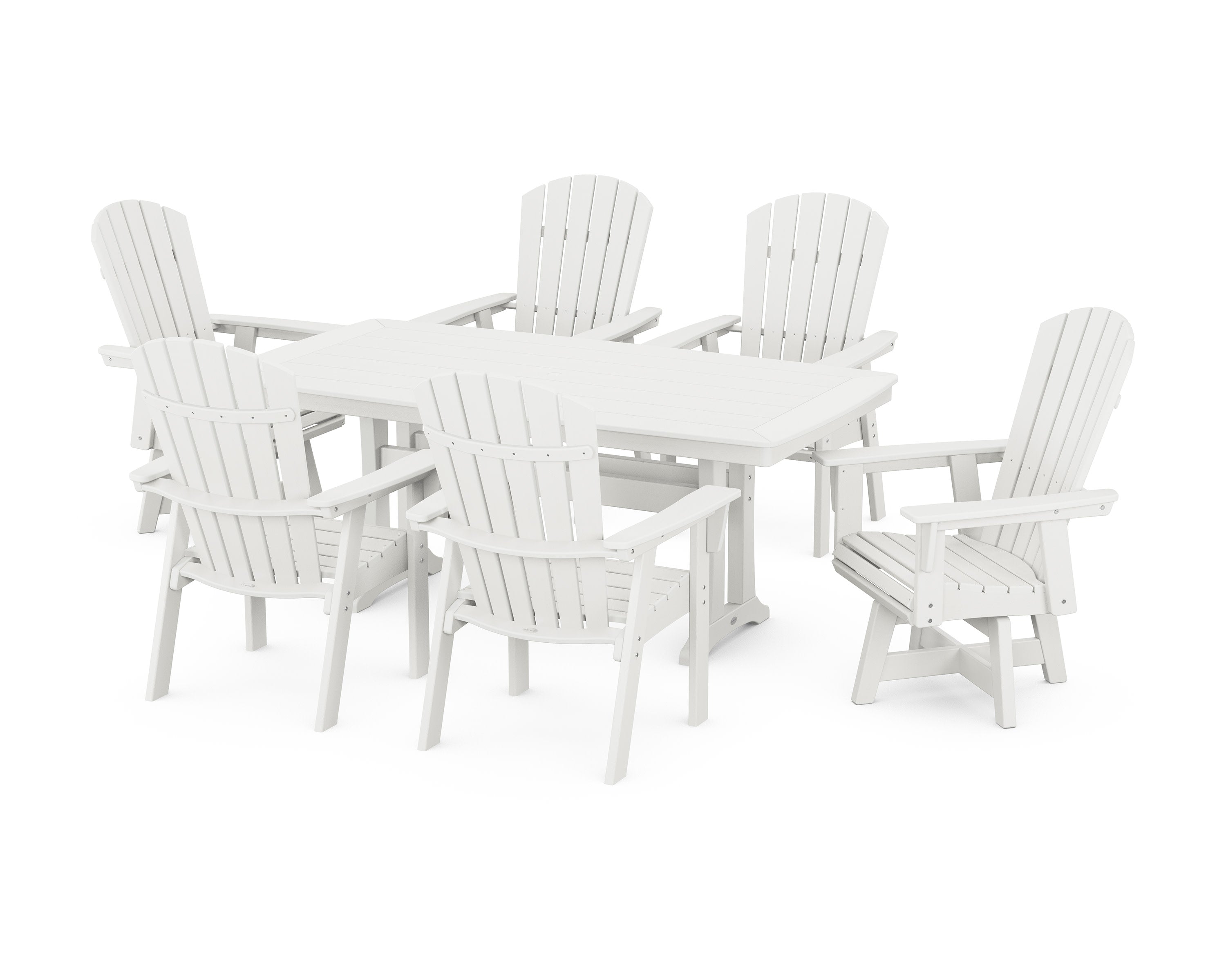 Nautical Curveback Adirondack Swivel Chair 7-Piece Dining Set with Trestle Legs in Vintage White