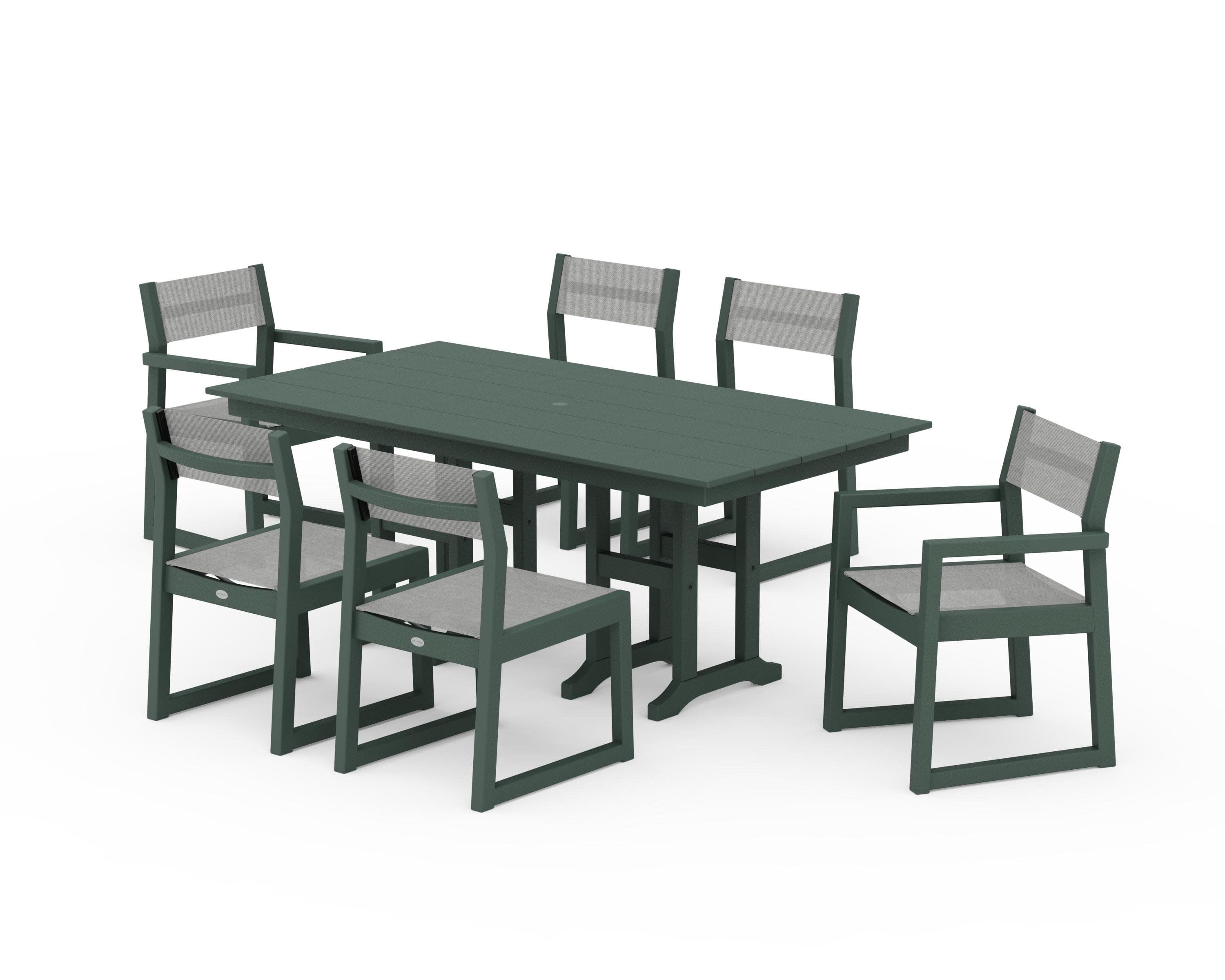 EDGE Sling 7-Piece Farmhouse Dining Set in Green / Metallic Sling