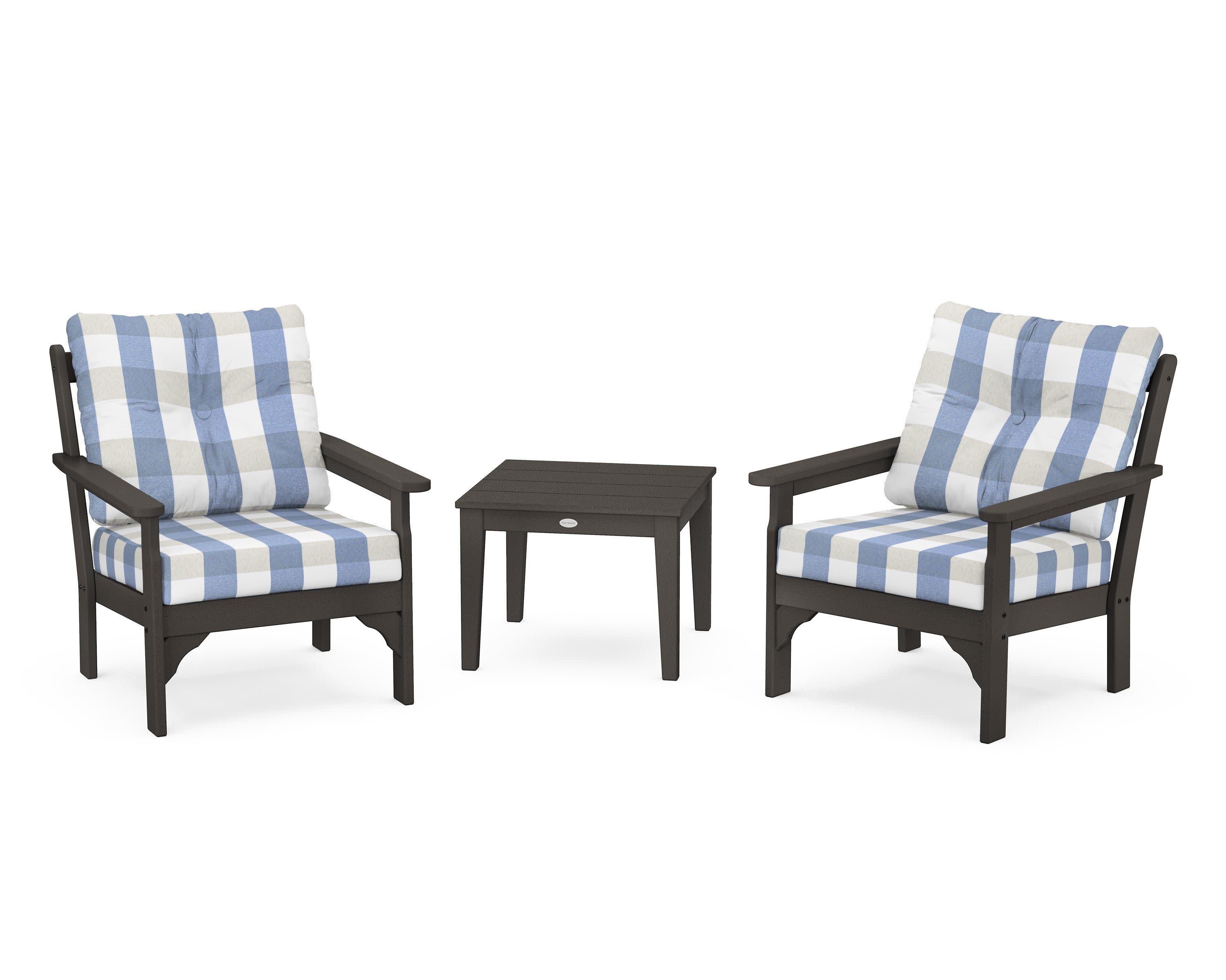 Vineyard 3-Piece Deep Seating Set in Vintage Coffee / Buffalo Plaid Sky Blue