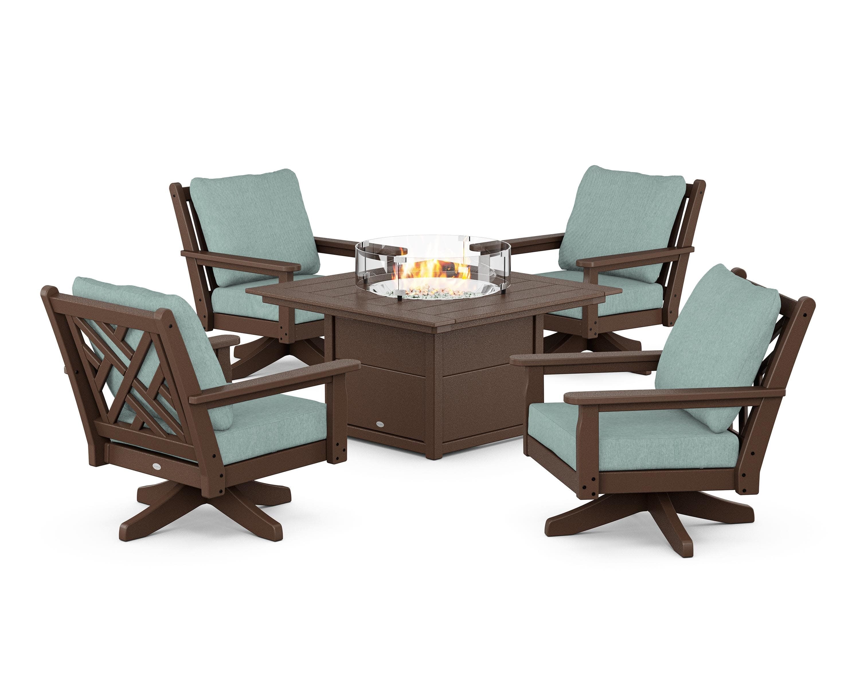 Chippendale 5-Piece Deep Seating Swivel Conversation Set with Fire Pit Table in Mahogany / Glacier Spa
