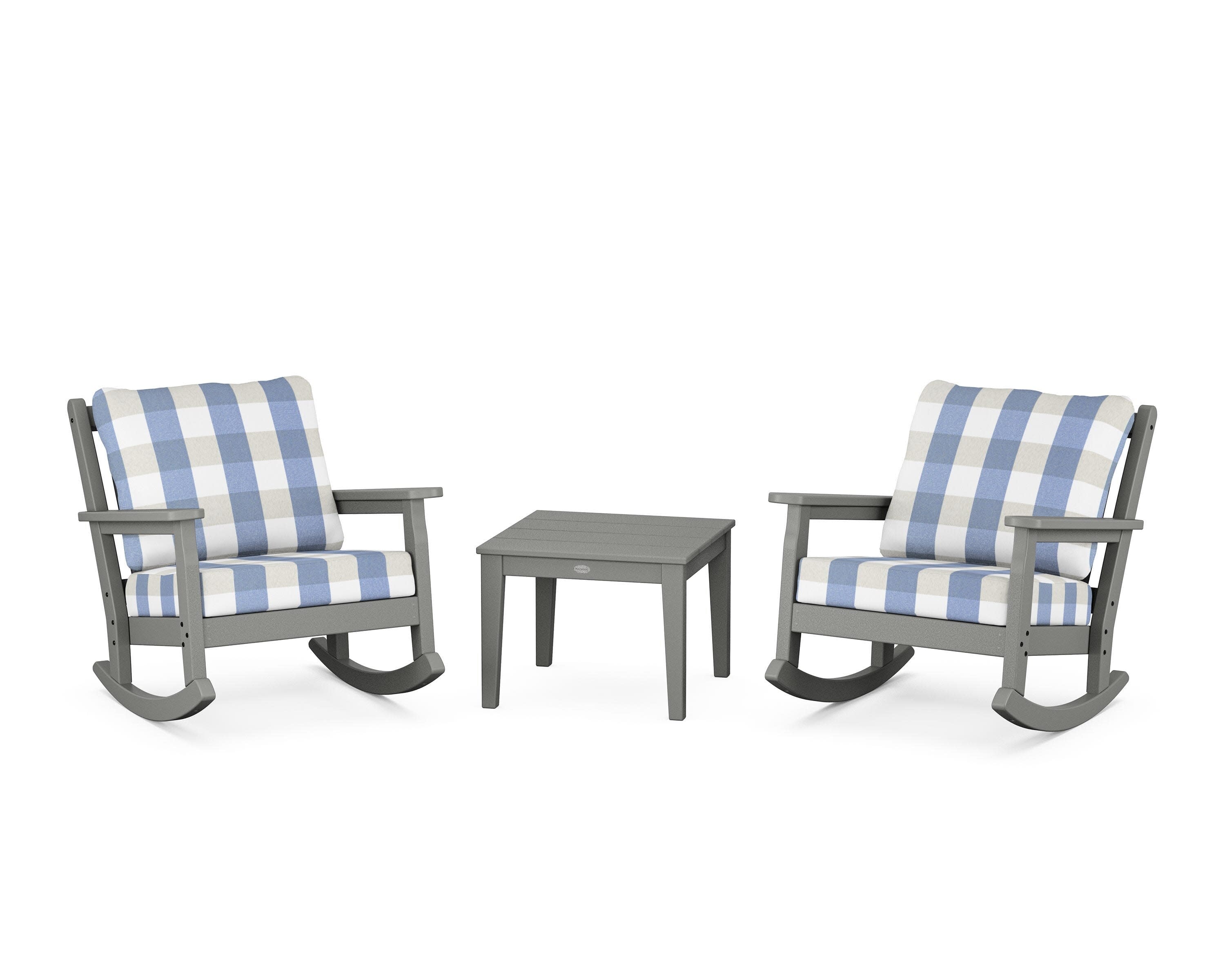 Chippendale 3-Piece Deep Seating Rocker Set in Slate Grey / Buffalo Plaid Sky Blue