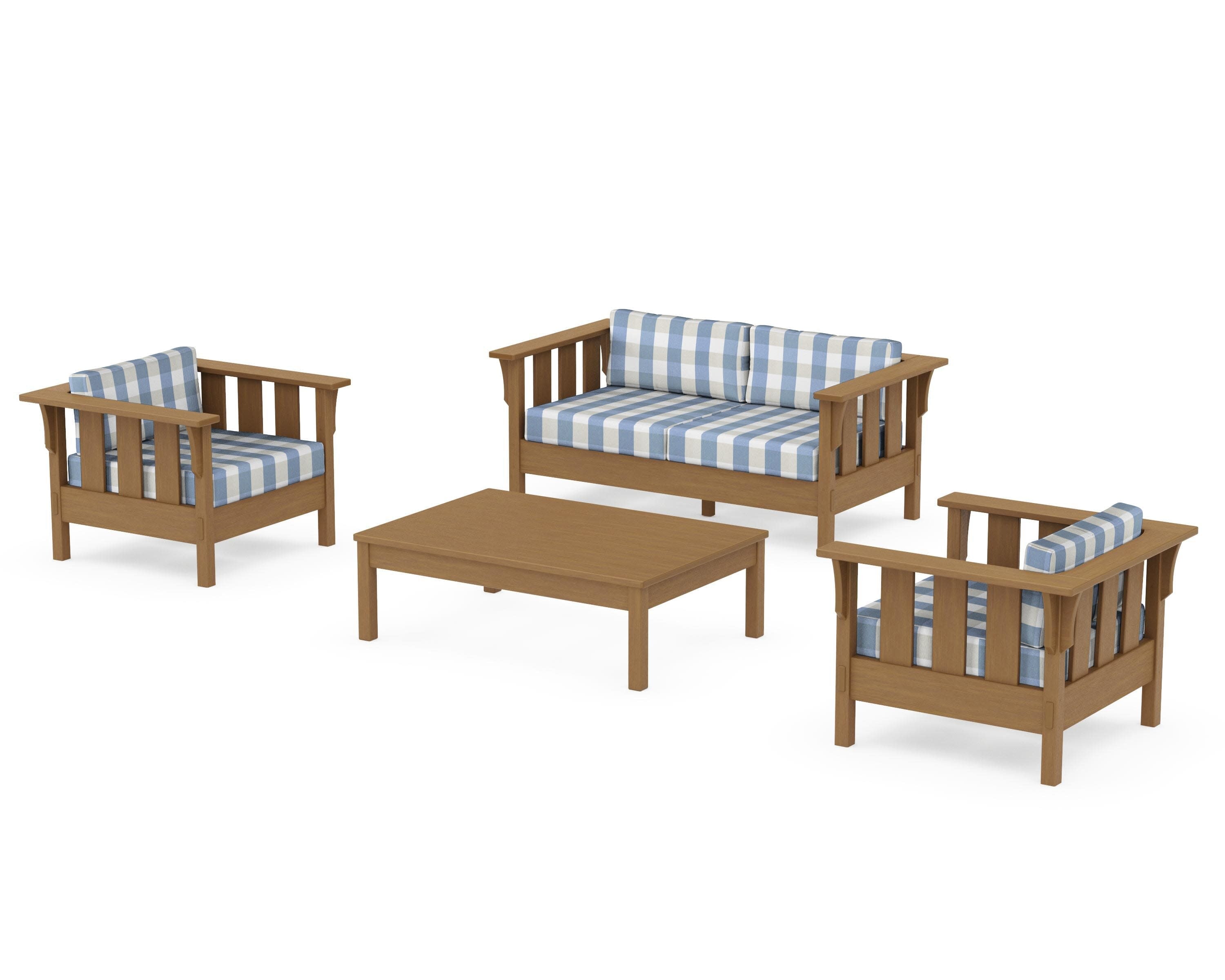 Acadia 4-Piece Deep Seating Set with Loveseat in Natural / Buffalo Plaid Sky Blue