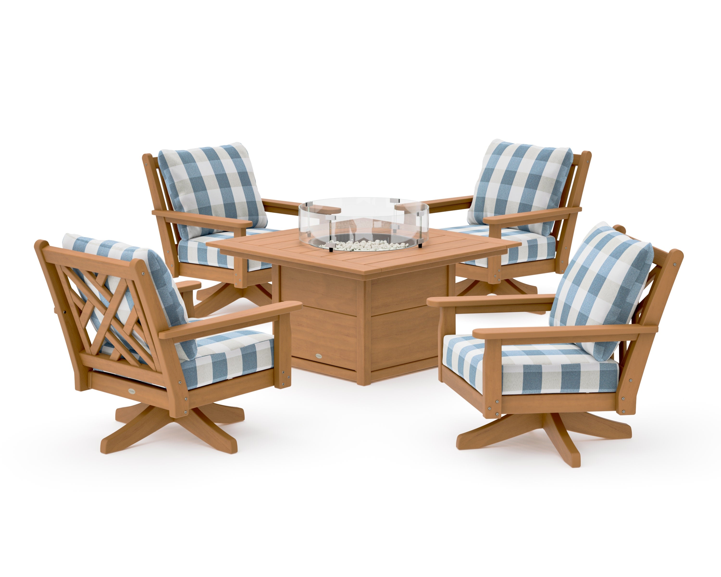 Chippendale 5-Piece Deep Seating Swivel Conversation Set with Fire Pit Table in Natural / Buffalo Plaid Sky Blue