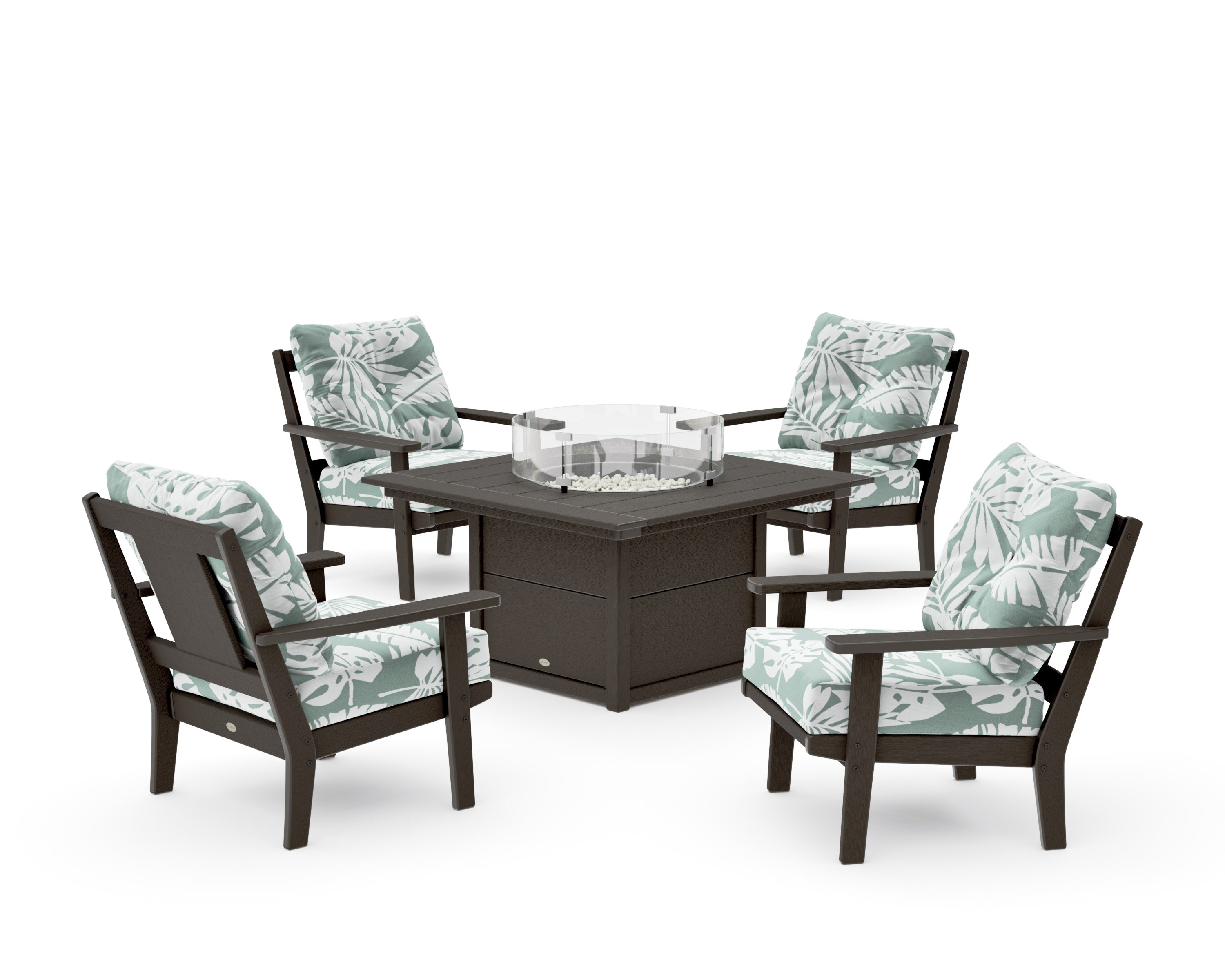 Prairie 5-Piece Deep Seating Set with Fire Pit Table in Vintage Coffee / Leaf Glacier Spa