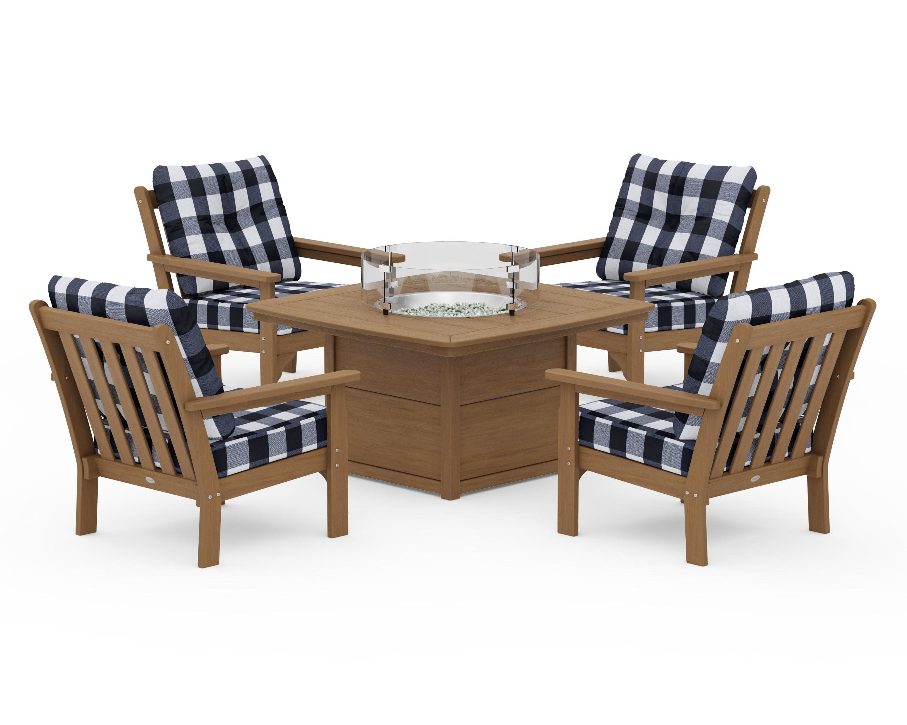 Vineyard 5-Piece Conversation Set with Fire Pit Table in Natural / Buffalo Plaid Marine Indigo