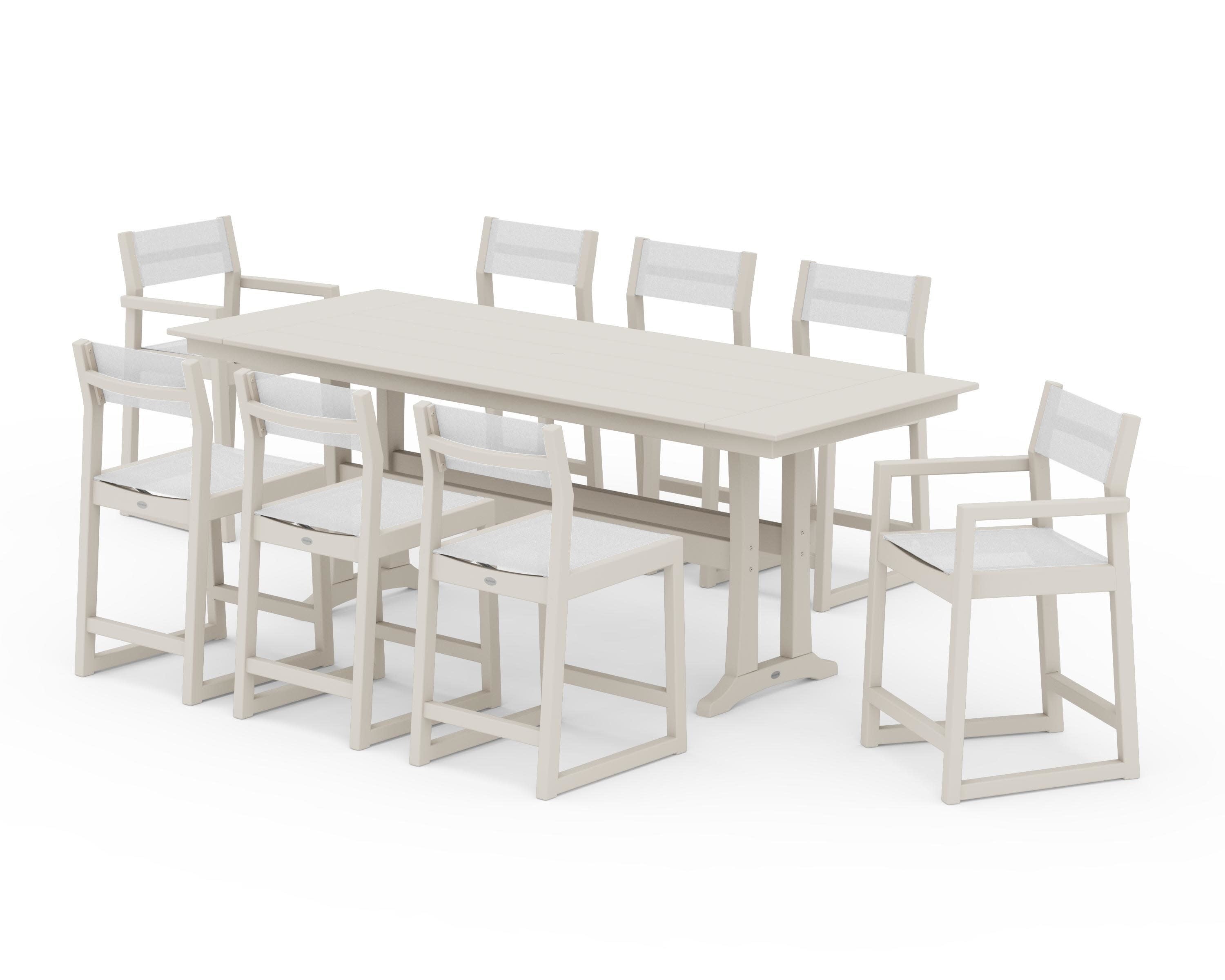 EDGE Sling 9-Piece Farmhouse Counter Set with Trestle Legs in Sand / White Sling