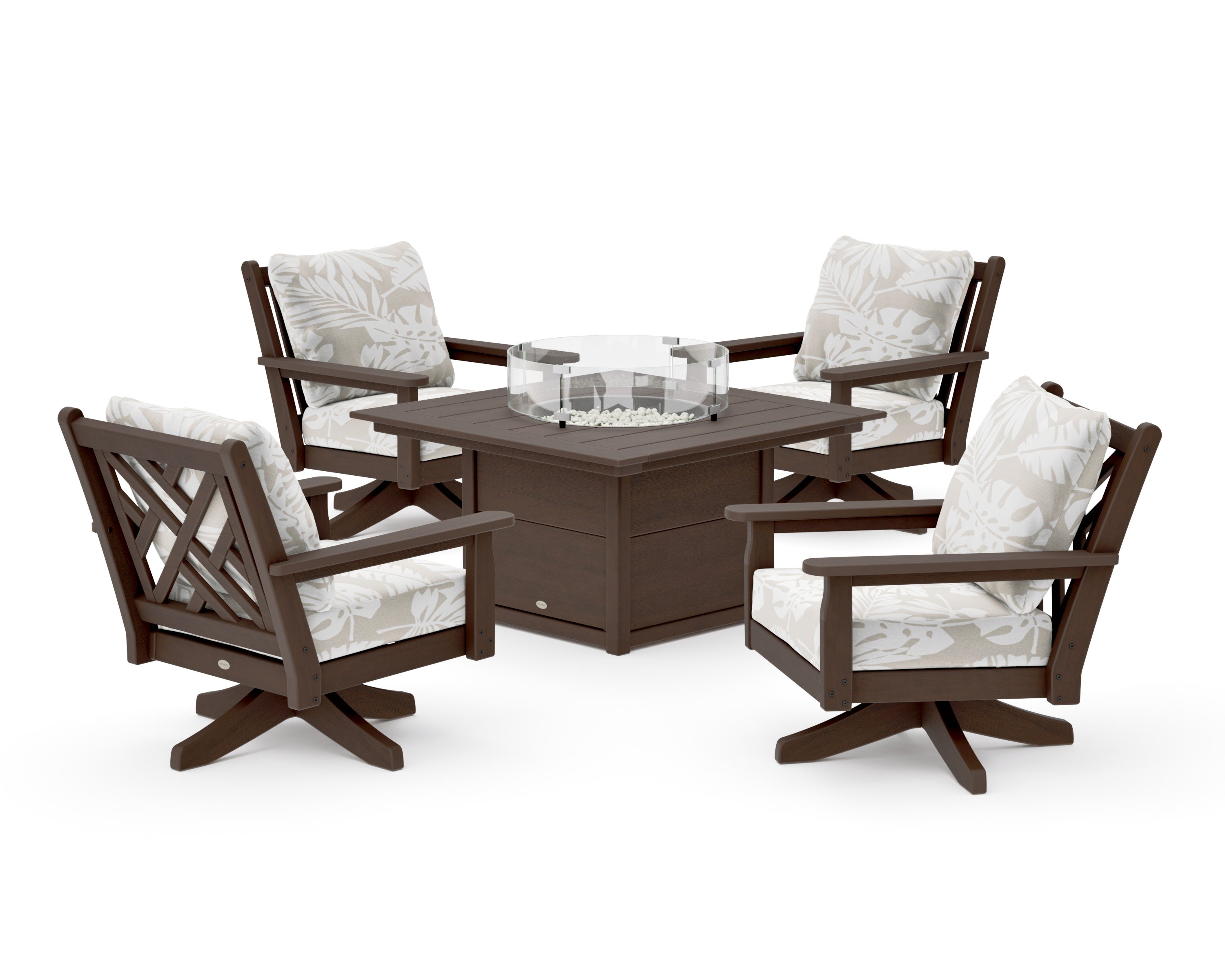 Chippendale 5-Piece Deep Seating Swivel Conversation Set with Fire Pit Table in Kona / Leaf Dune Burlap