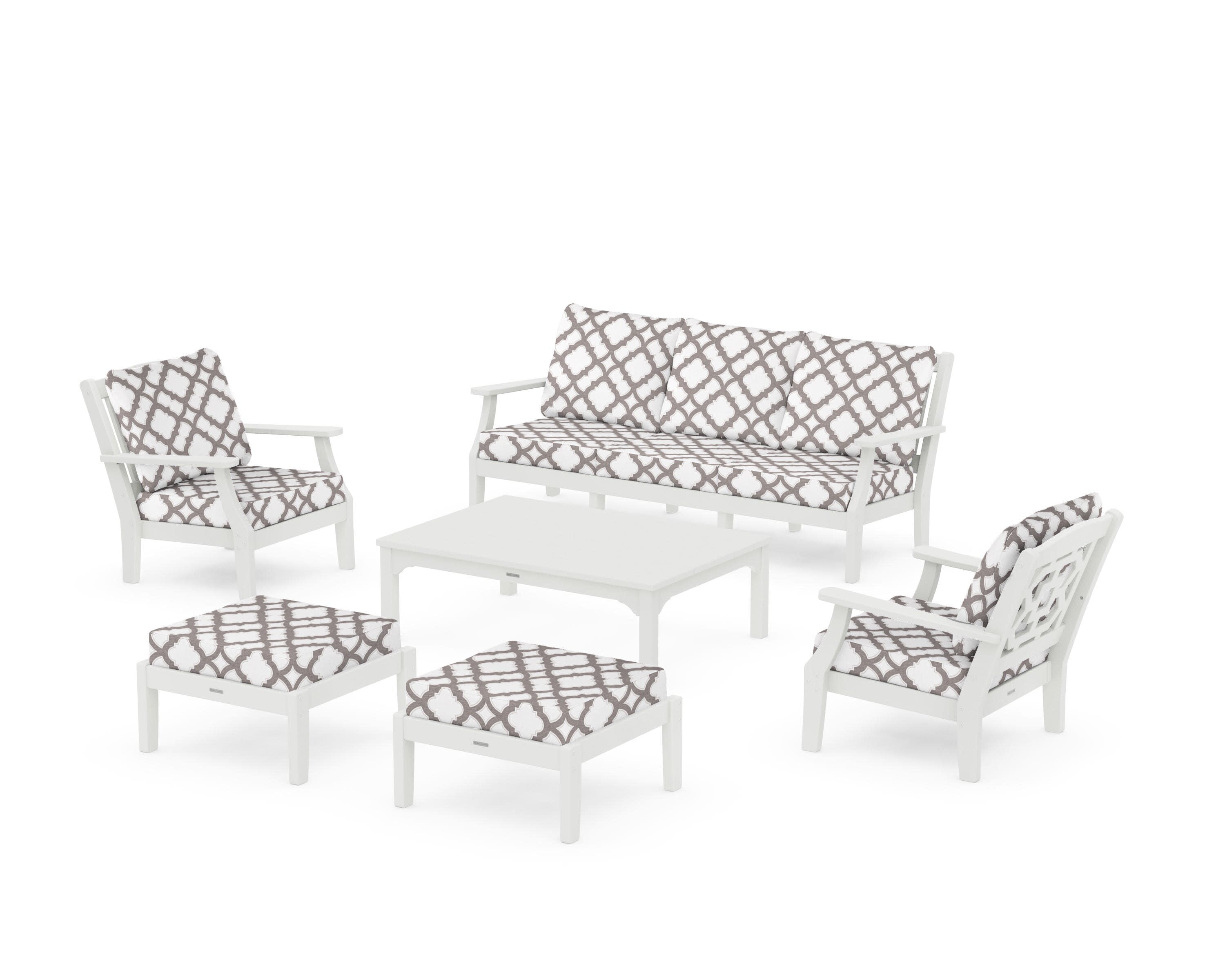 Chinoiserie 6-Piece Lounge Sofa Set in Vintage White / Trellis Grey Mist
