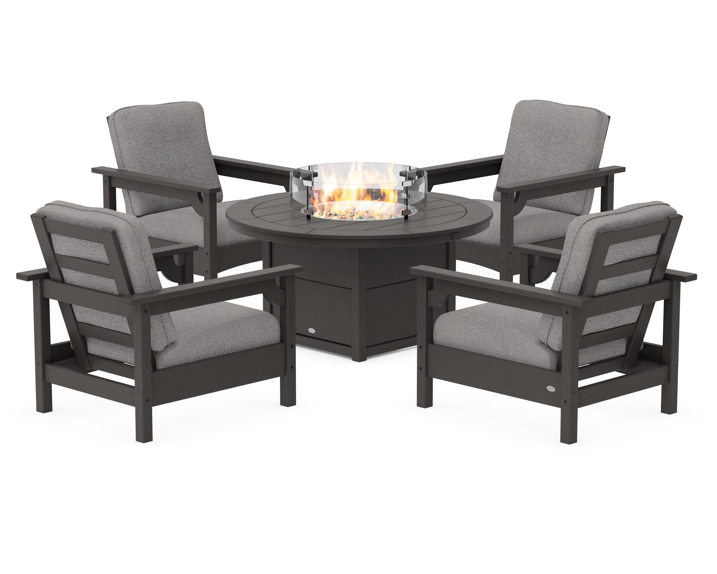 Club 5-Piece Conversation Set with Fire Pit Table in Vintage Coffee / Grey Mist