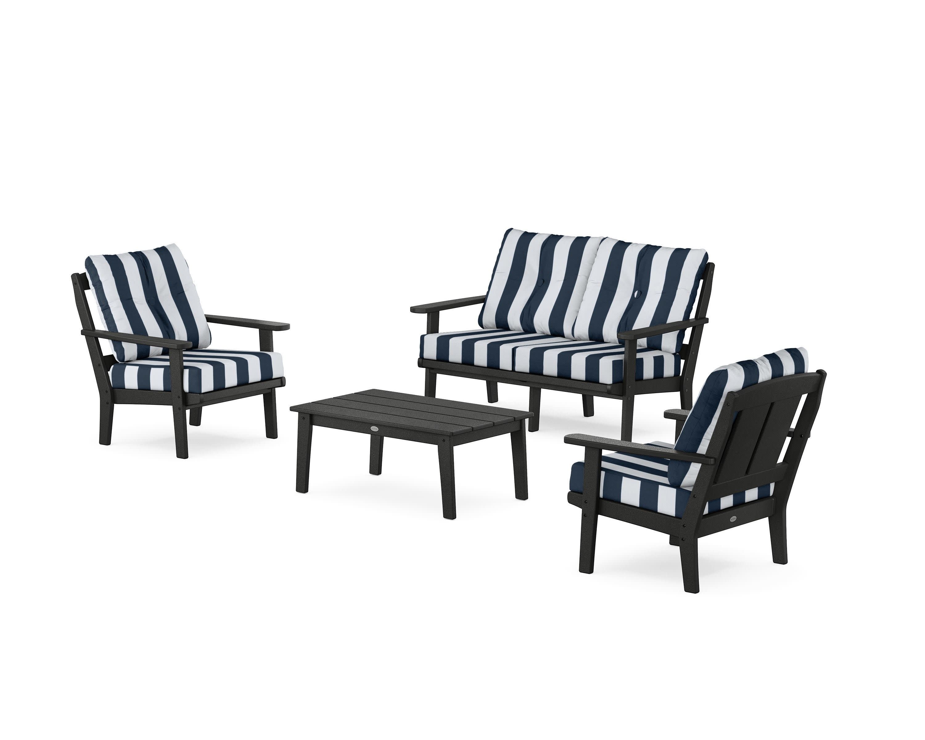 Mission 4-Piece Deep Seating Set with Loveseat in Black / Cabana Stripe Marine Indigo