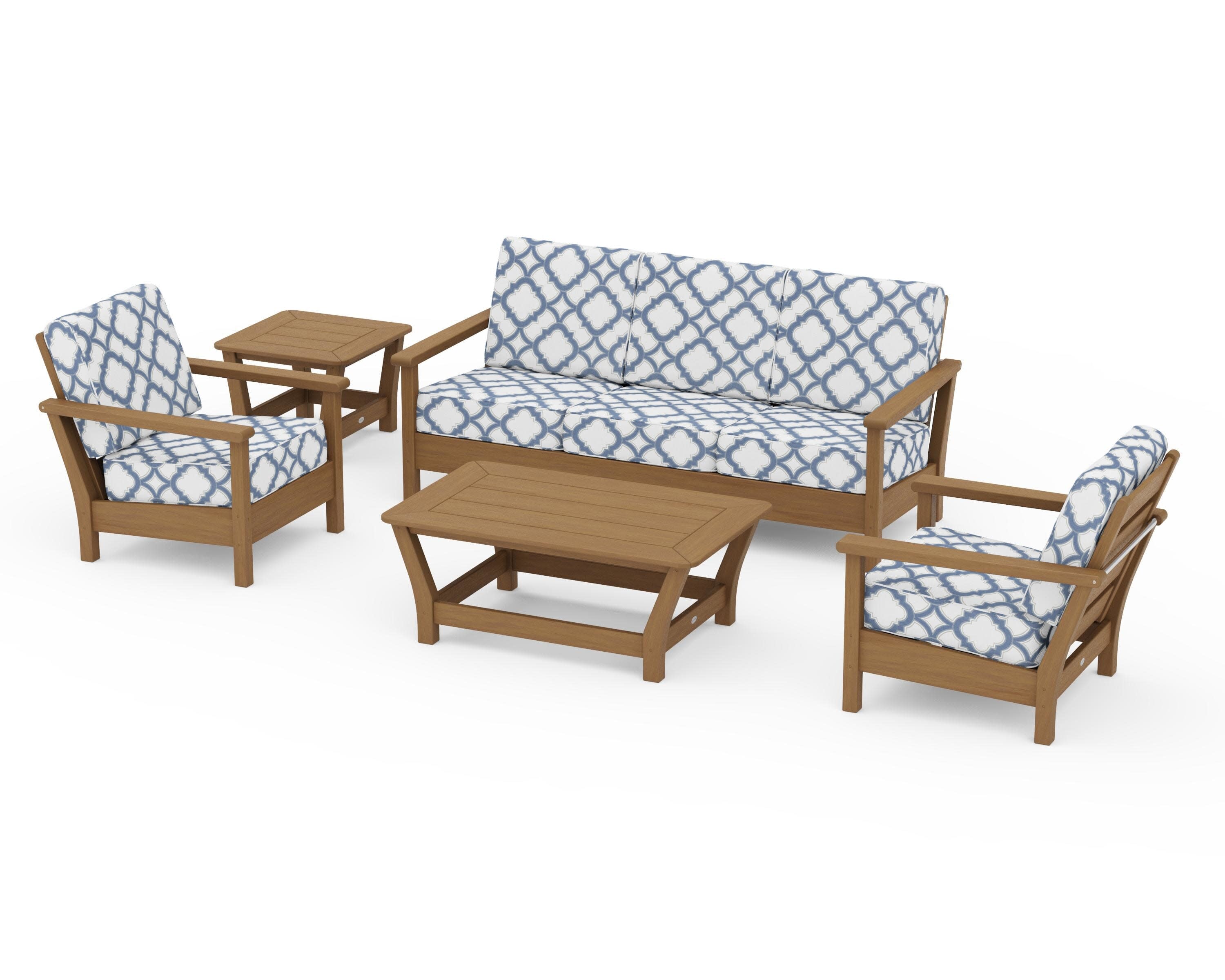 Harbour 5-Piece Deep Seating Set in Natural / Trellis Sky Blue