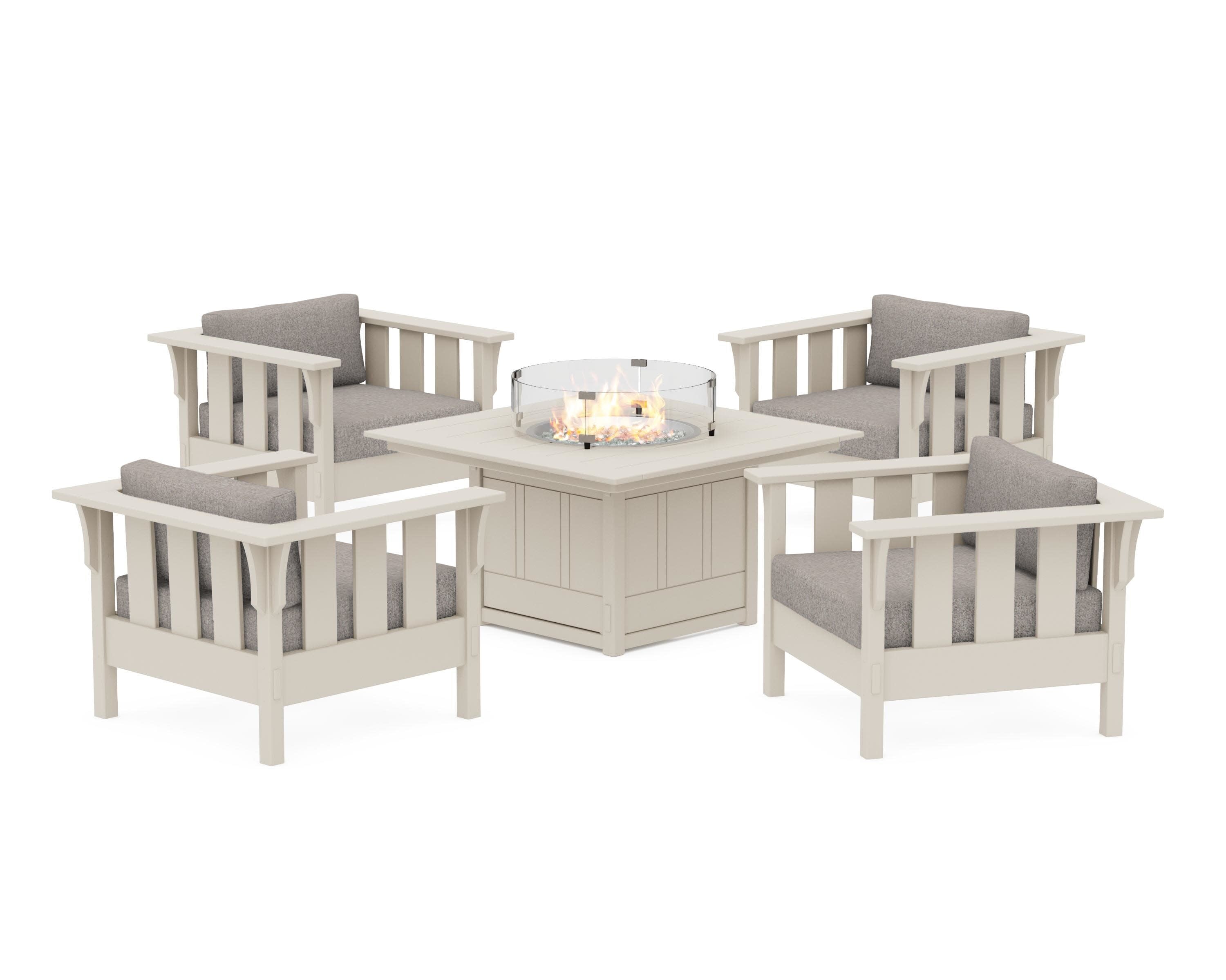 Acadia 5-Piece Deep Seating Set with Fire Pit Table in Sand / Weathered Tweed