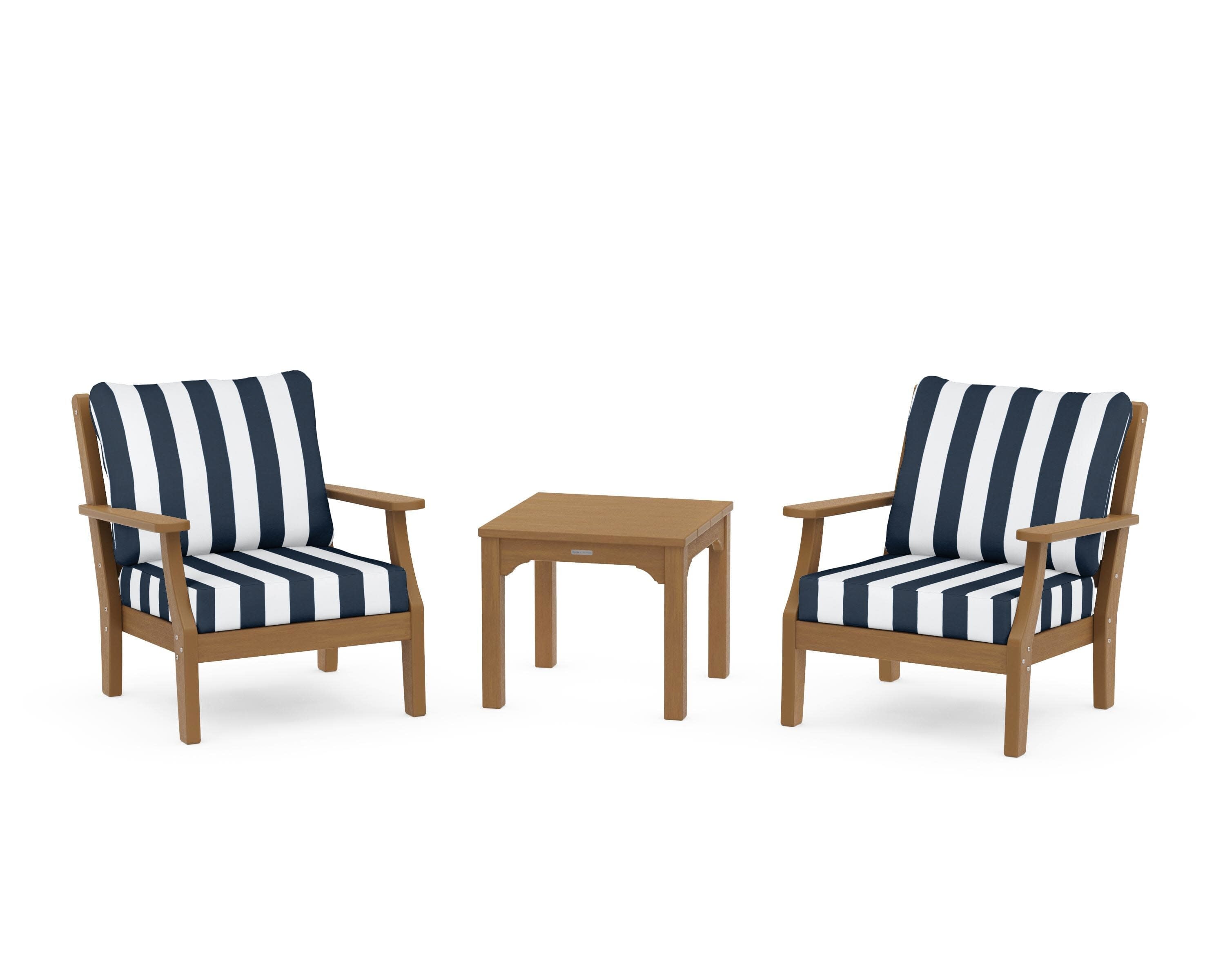 Chinoiserie 3-Piece Deep Seating Set in Natural / Cabana Stripe Marine Indigo