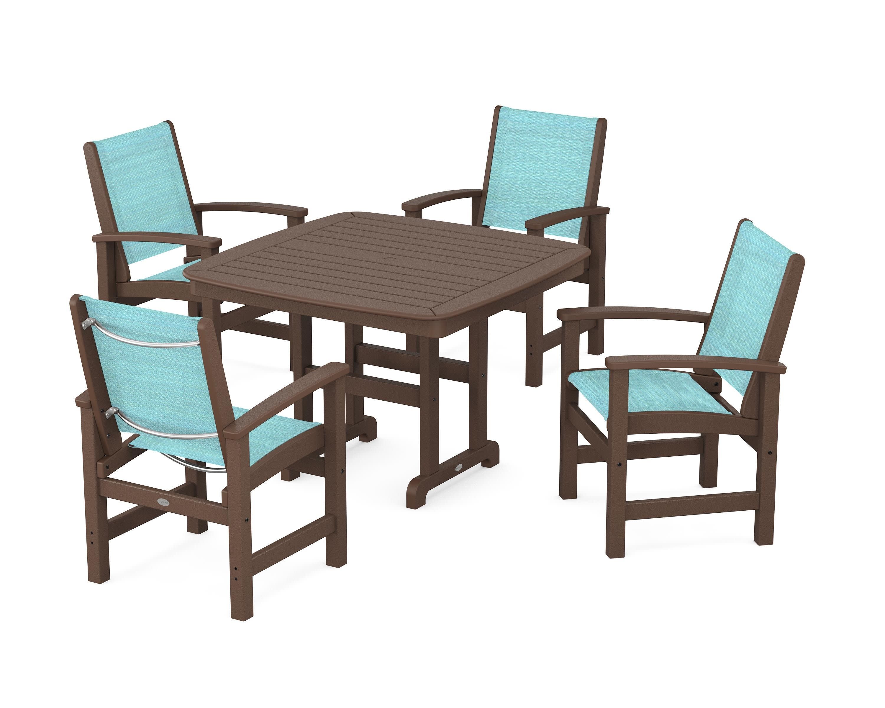 Coastal 5-Piece Dining Set in Mahogany / Dupioni Aquamarine Sling