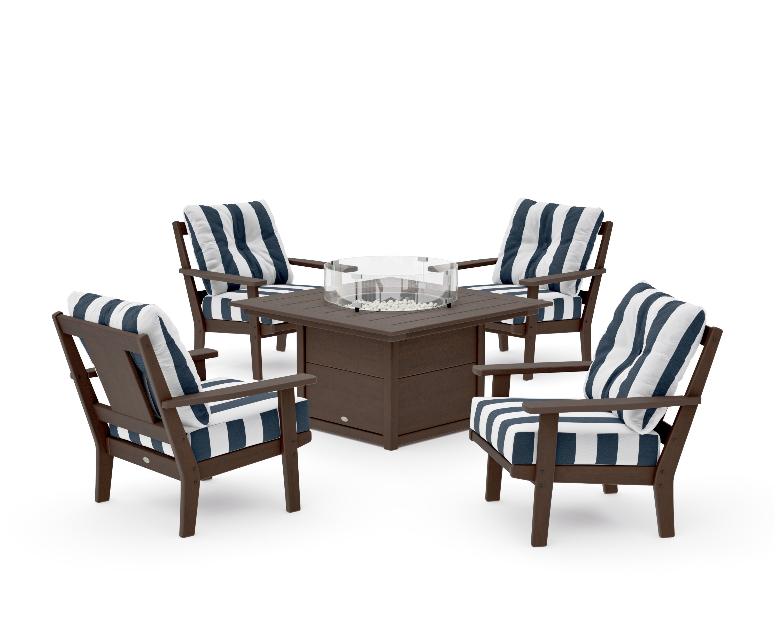 Prairie 5-Piece Deep Seating Set with Fire Pit Table in Kona / Cabana Stripe Marine Indigo