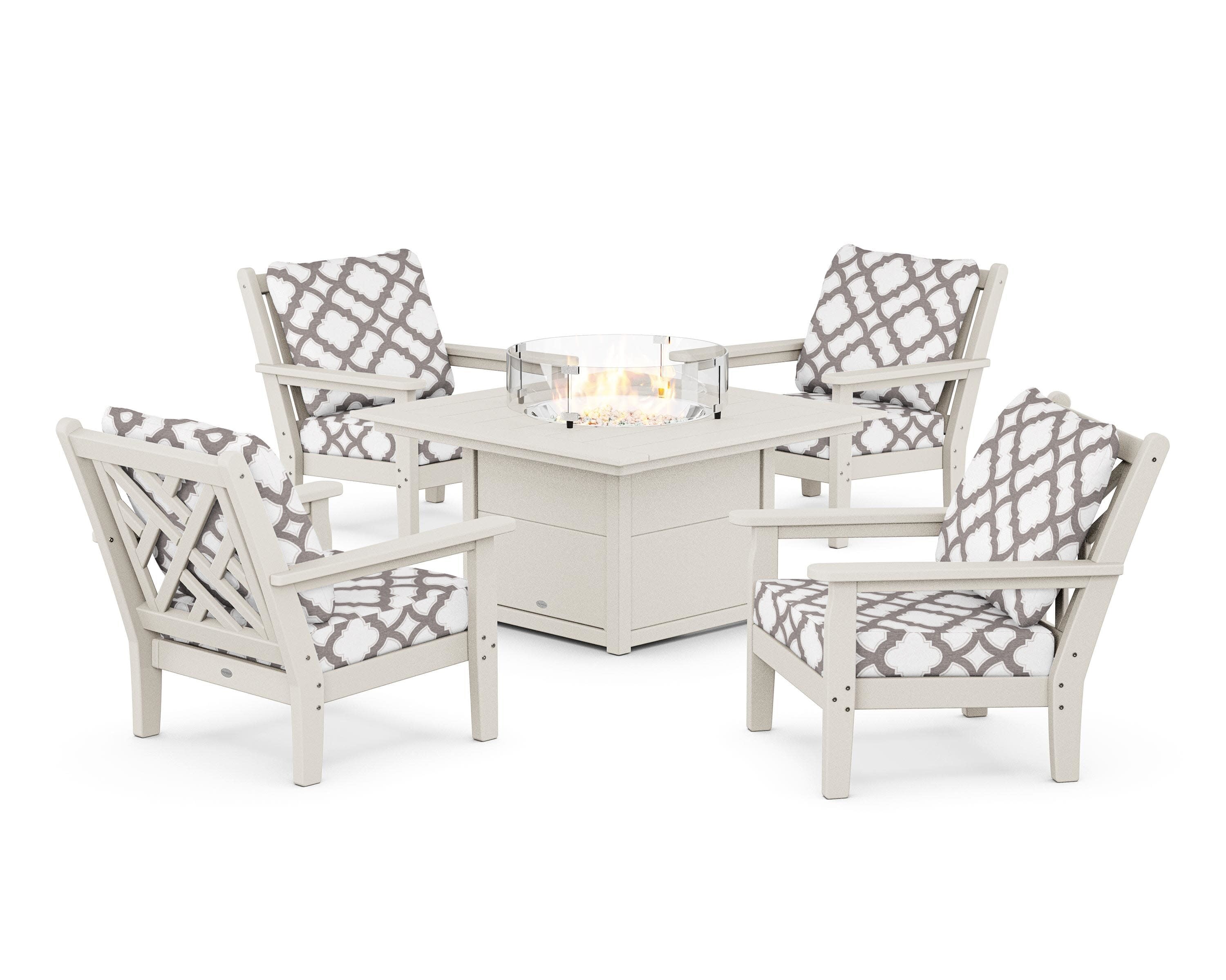 Chippendale 5-Piece Deep Seating Set with Fire Pit Table in Sand / Trellis Grey Mist