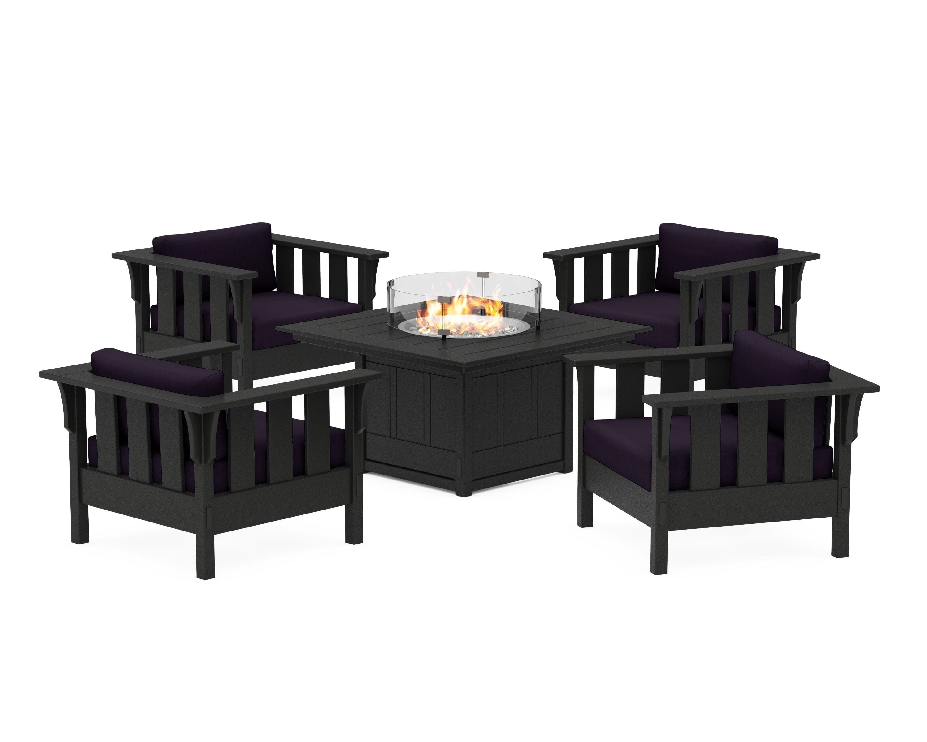 Acadia 5-Piece Deep Seating Set with Fire Pit Table in Black / Navy Linen