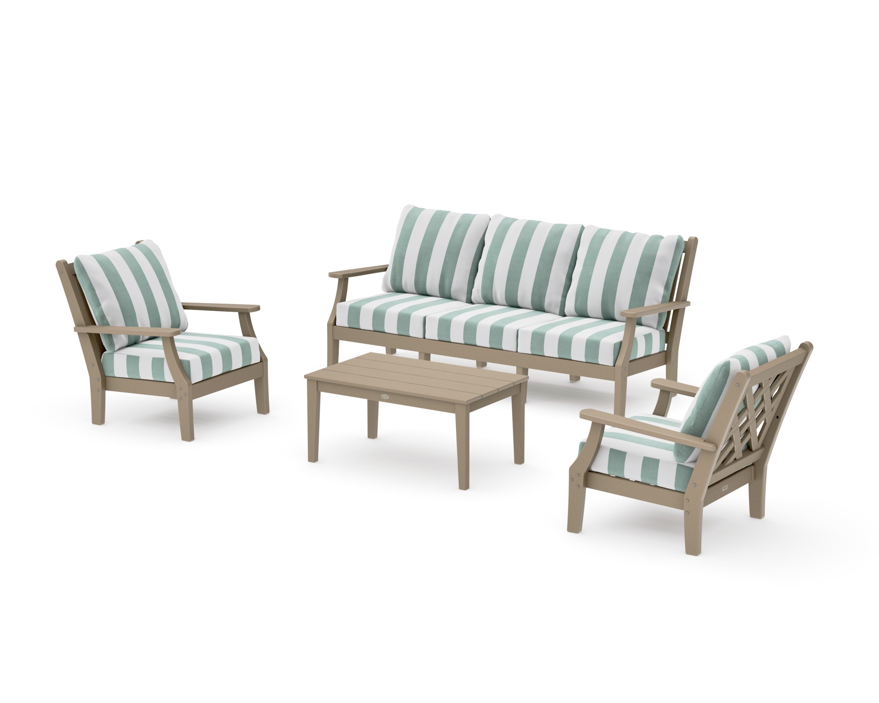 Wovendale 4-Piece Deep Seating Set with Sofa in Vintage Sahara / Cabana Stripe Glacier Spa