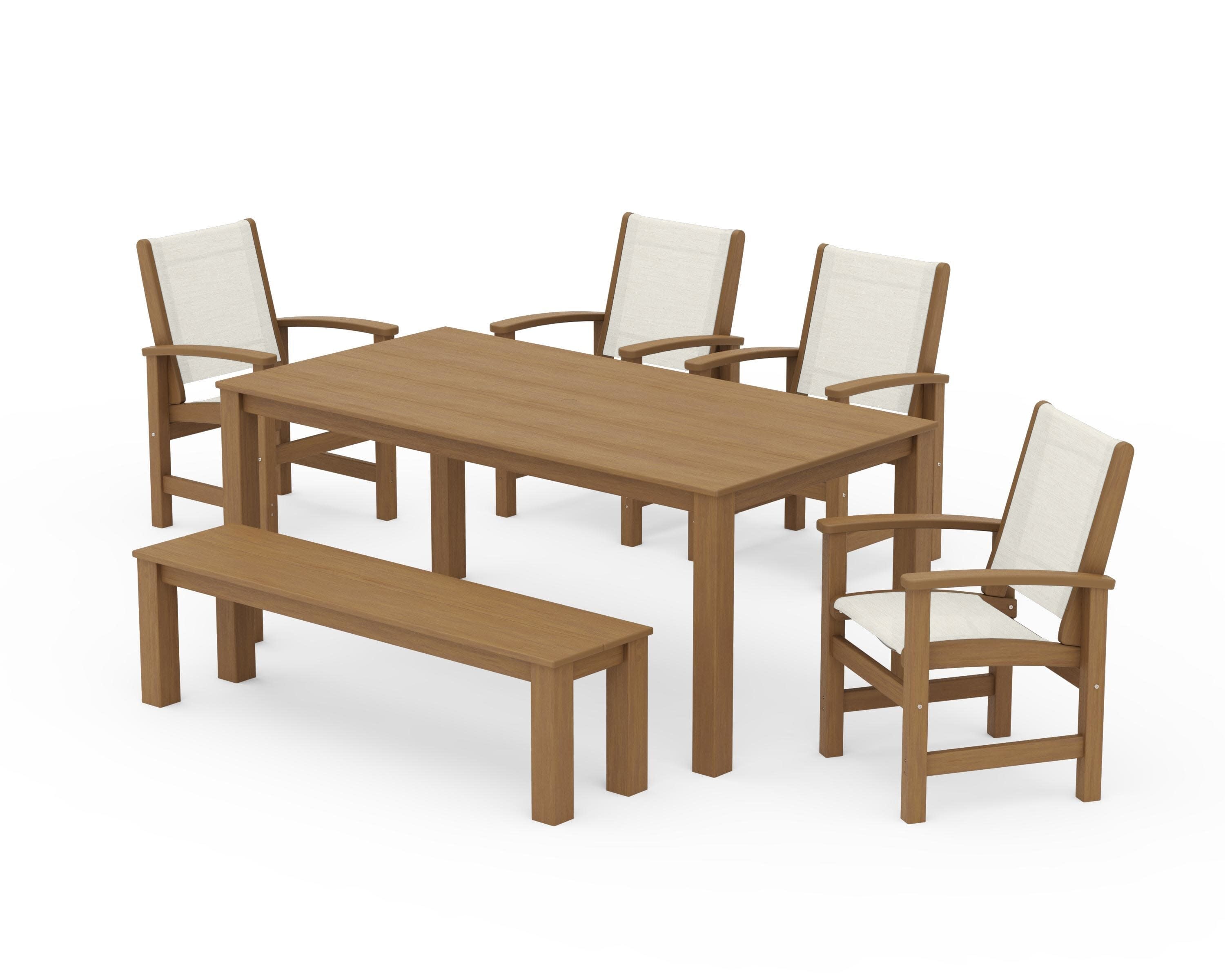 Coastal 6-Piece Parsons Dining Set with Bench in Natural / Parchment Sling