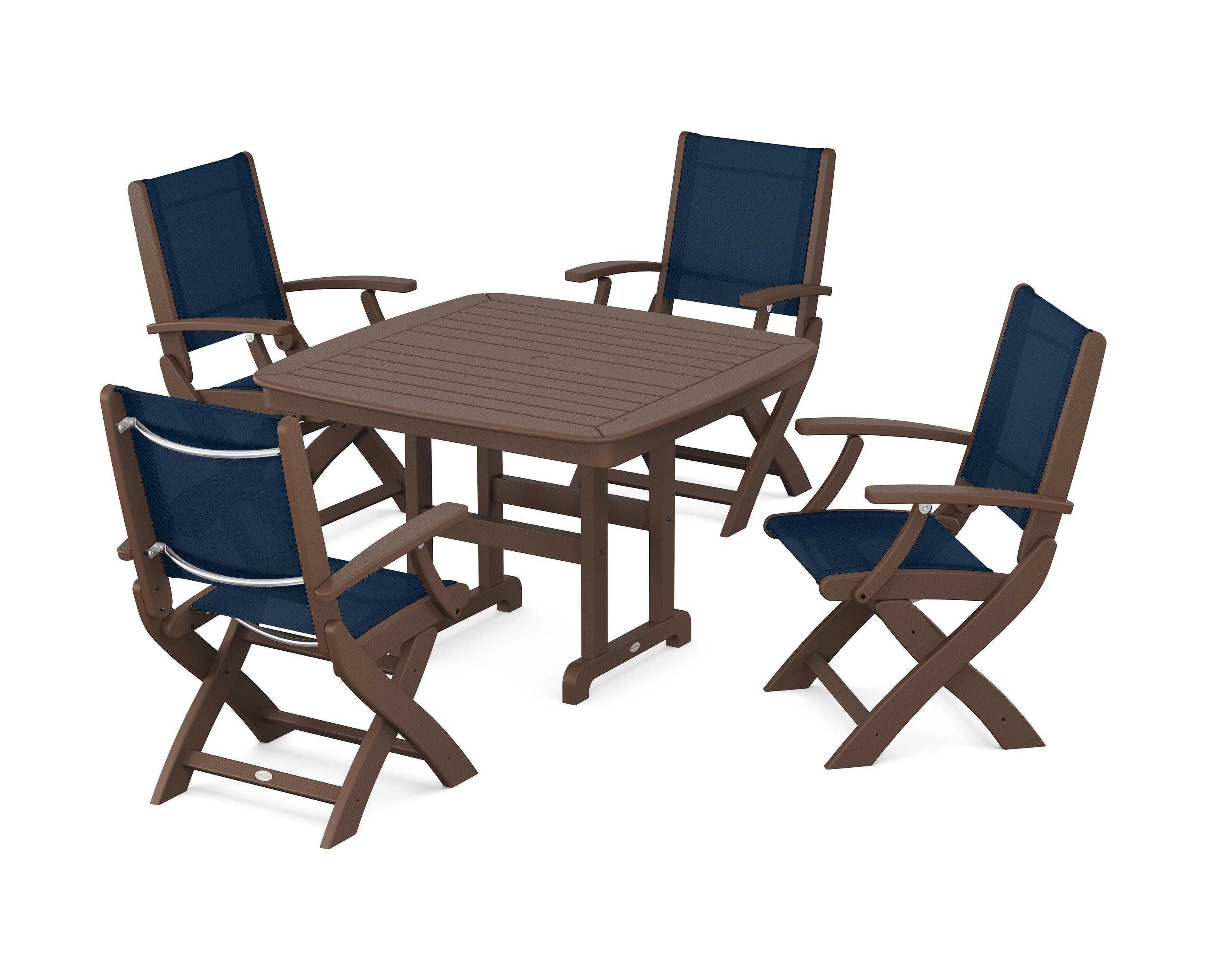 Coastal Folding Chair 5-Piece Dining Set in Mahogany / Navy Blue Sling