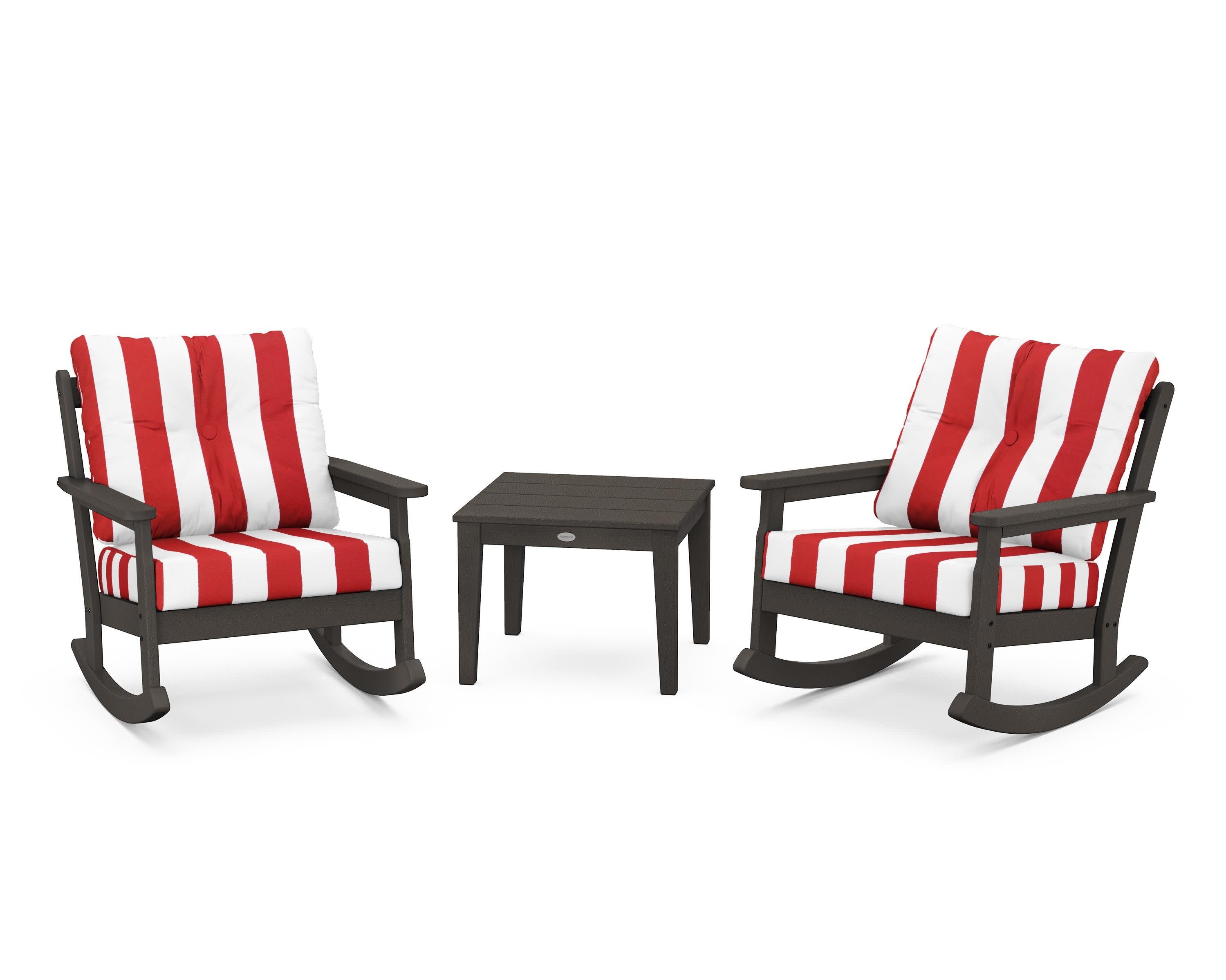 Vineyard 3-Piece Deep Seating Rocker Set in Vintage Coffee / Cabana Stripe Crimson
