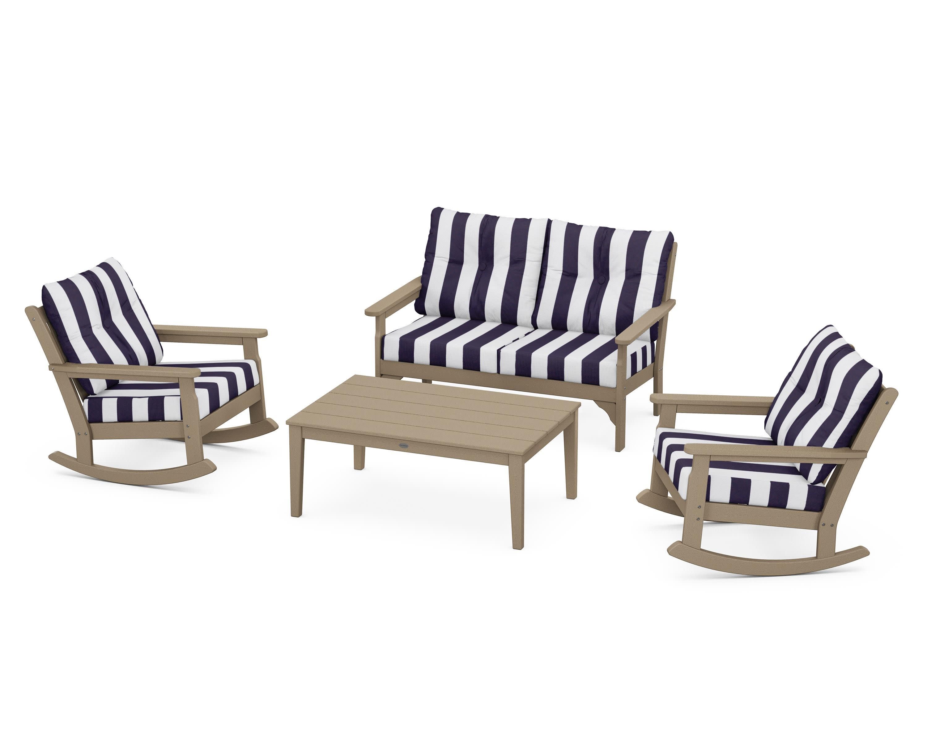 Vineyard 4-Piece Deep Seating Rocking Chair Set in Vintage Sahara / Cabana Stripe Navy