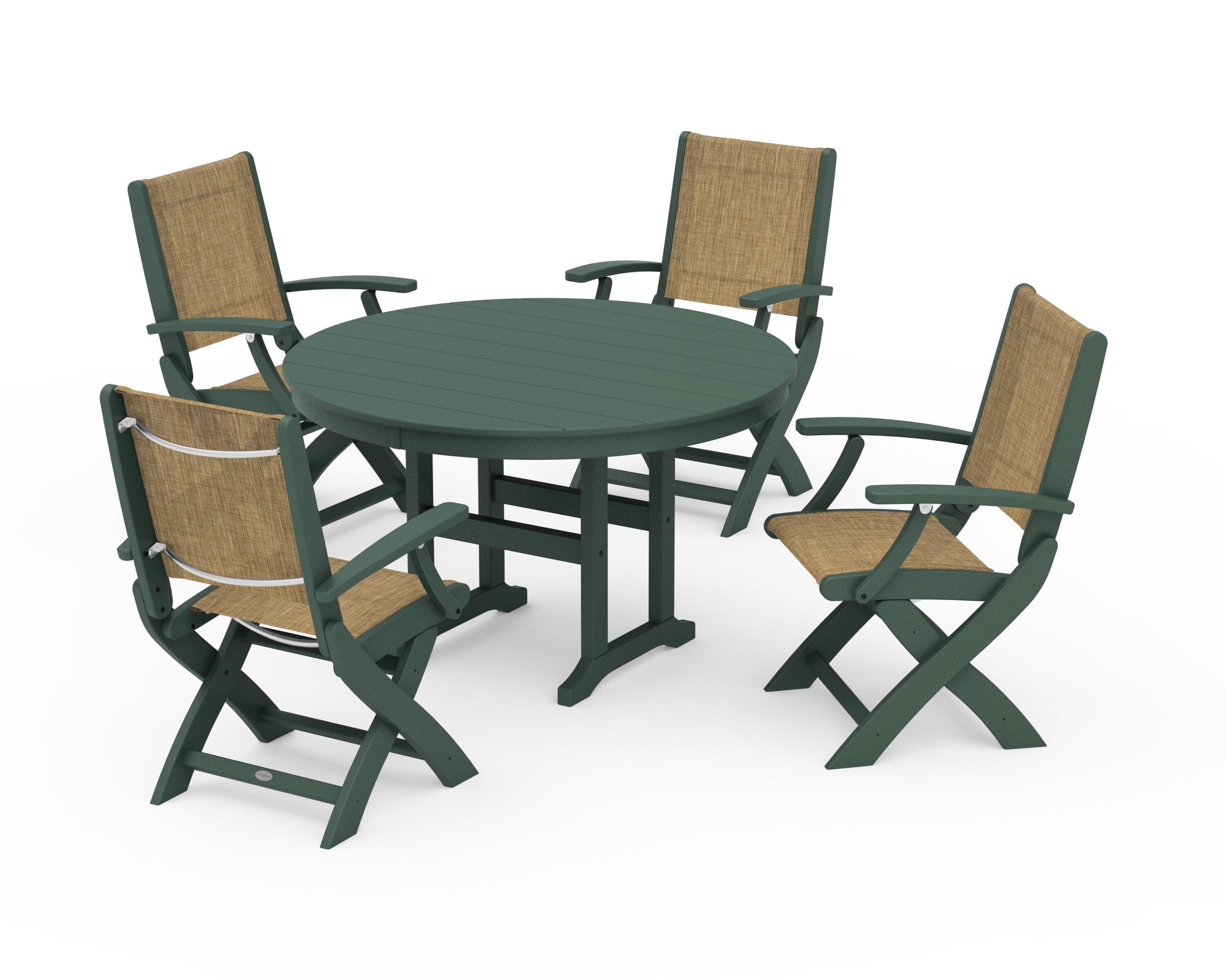 Coastal Folding Chair 5-Piece Round Dining Set in Green / Burlap Sling