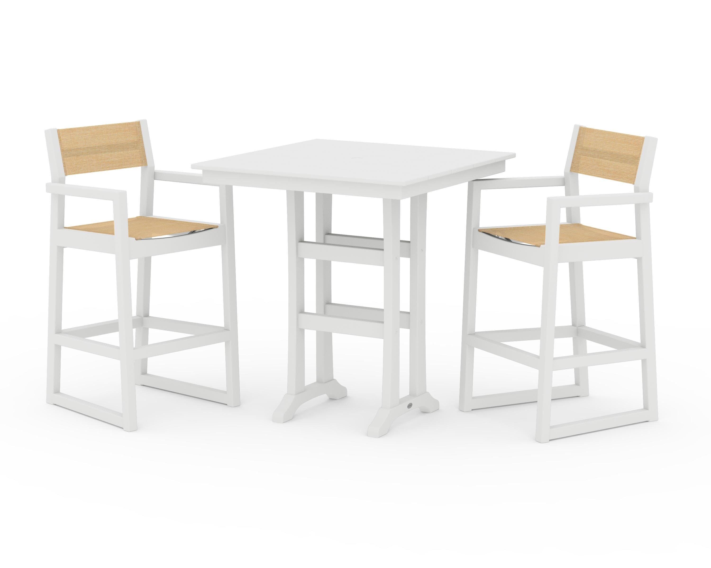 EDGE Sling Arm Chair 3-Piece Farmhouse Bar Set with Trestle Legs in White / Dupioni Apricot Sling