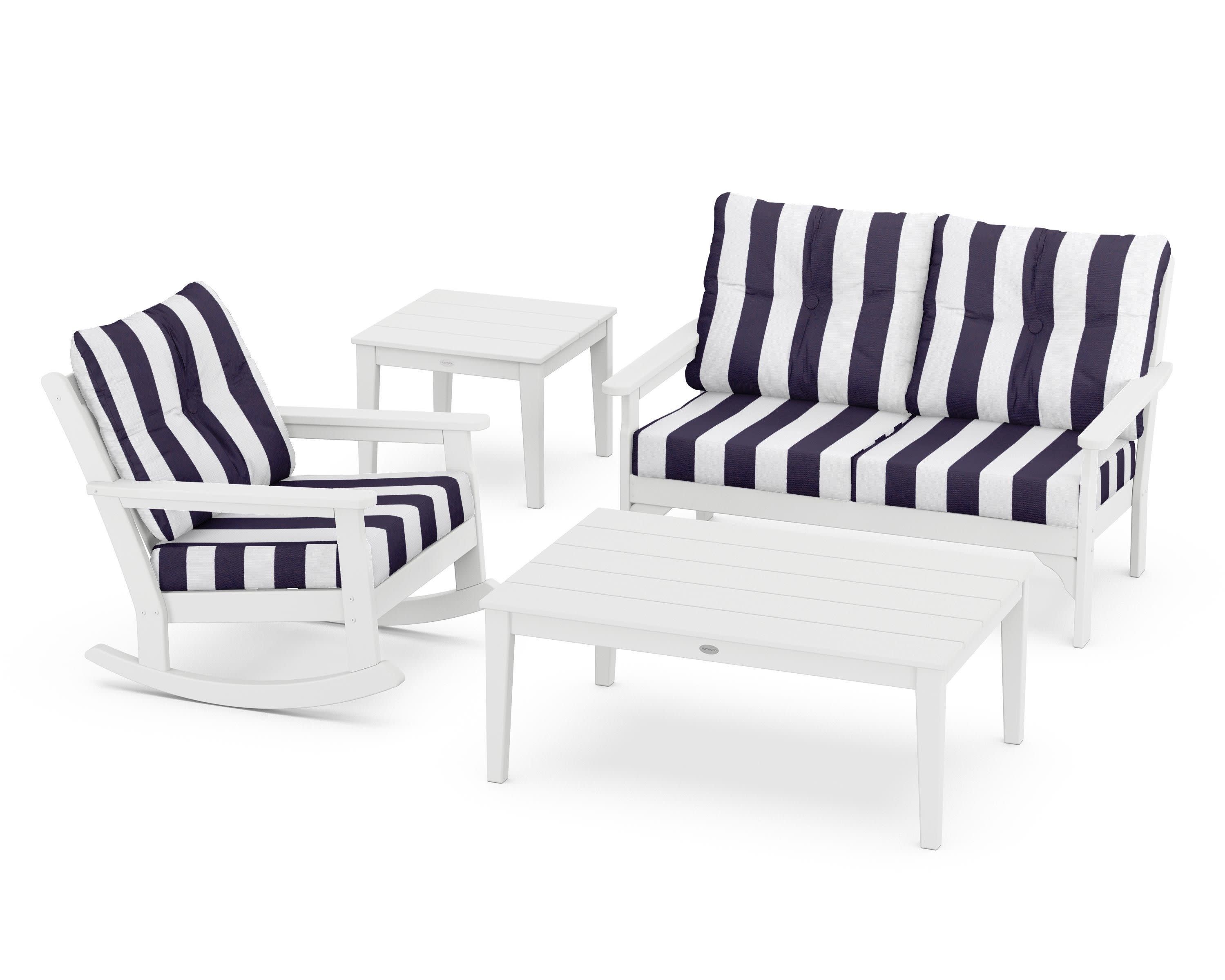 Vineyard 4-Piece Deep Seating Rocker Set in White / Cabana Stripe Navy