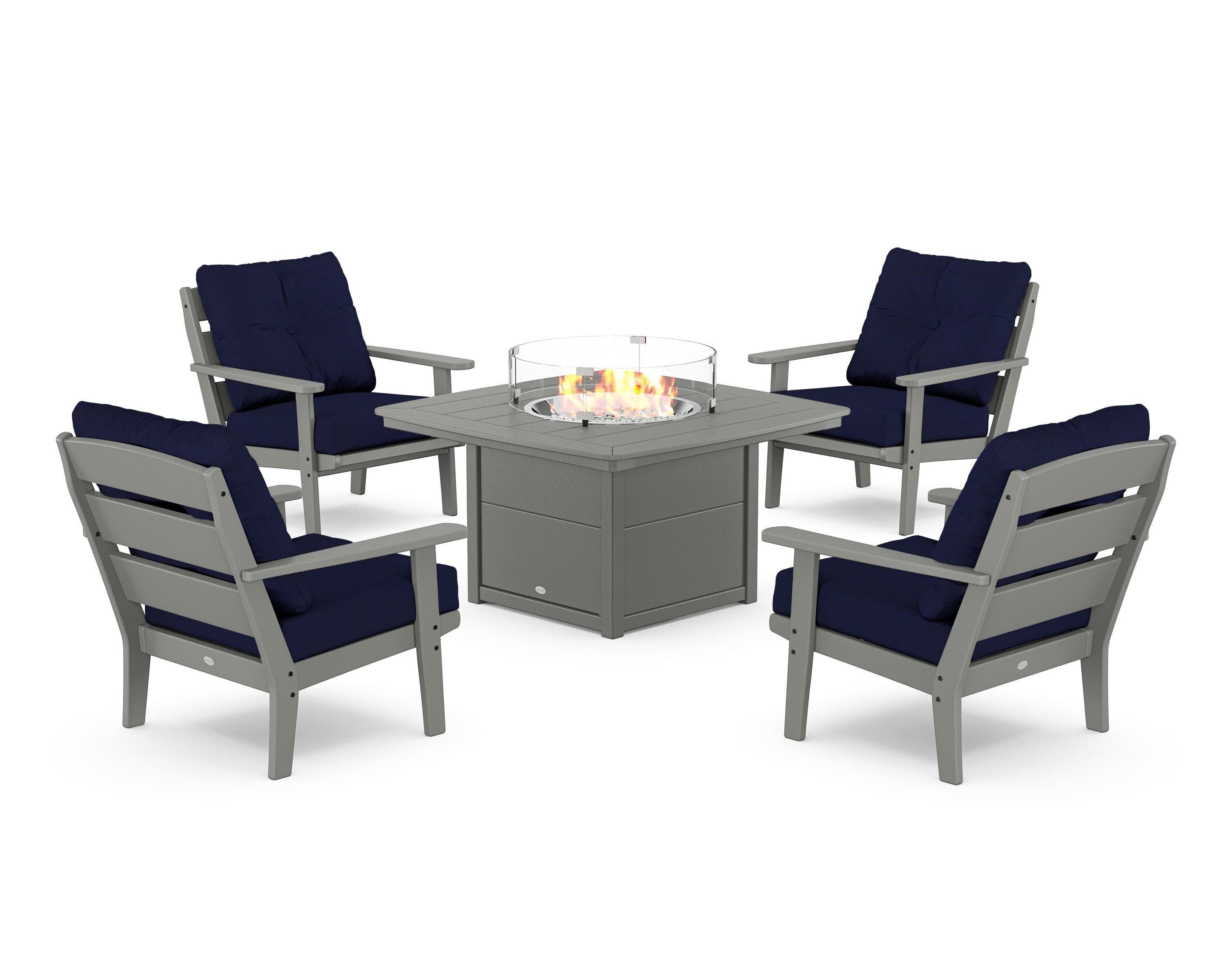 Lakeside 5-Piece Deep Seating Set with Nautical Fire Pit Table in Slate Grey / Navy