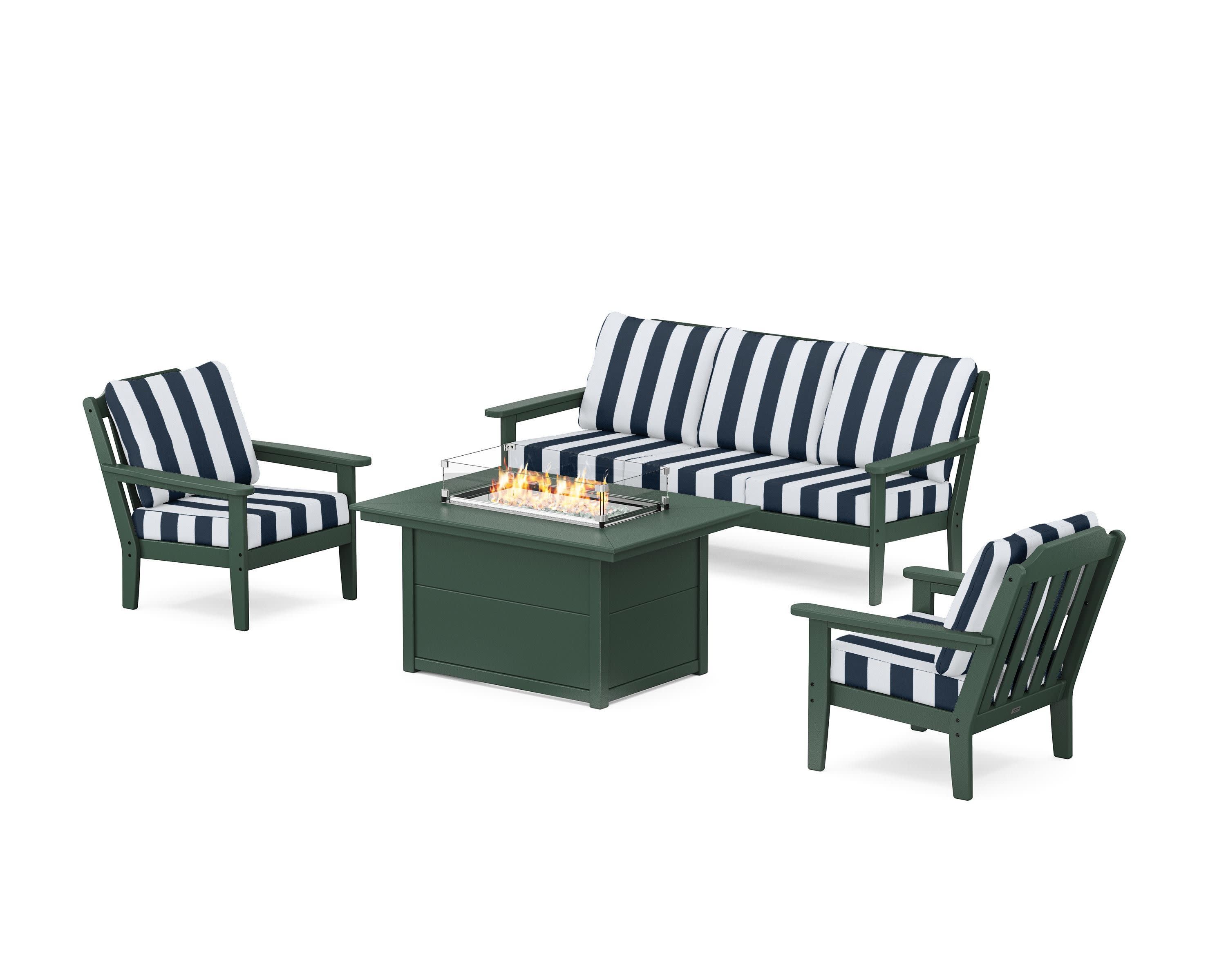 Cottage Deep Seating Fire Pit Table Set in Green / Cabana Stripe Marine Indigo
