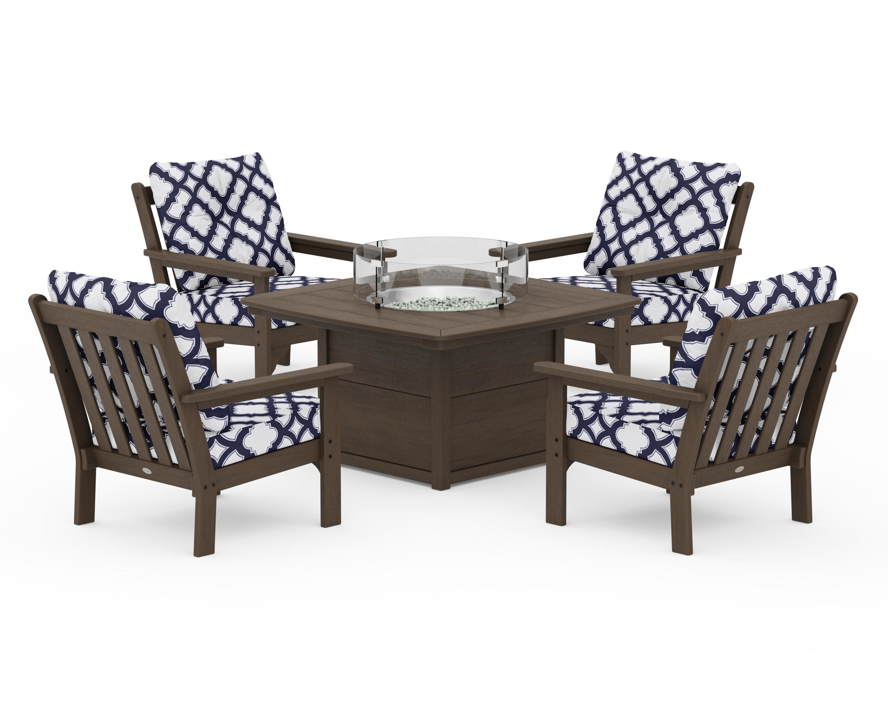 Vineyard 5-Piece Conversation Set with Fire Pit Table in Kona / Trellis Navy
