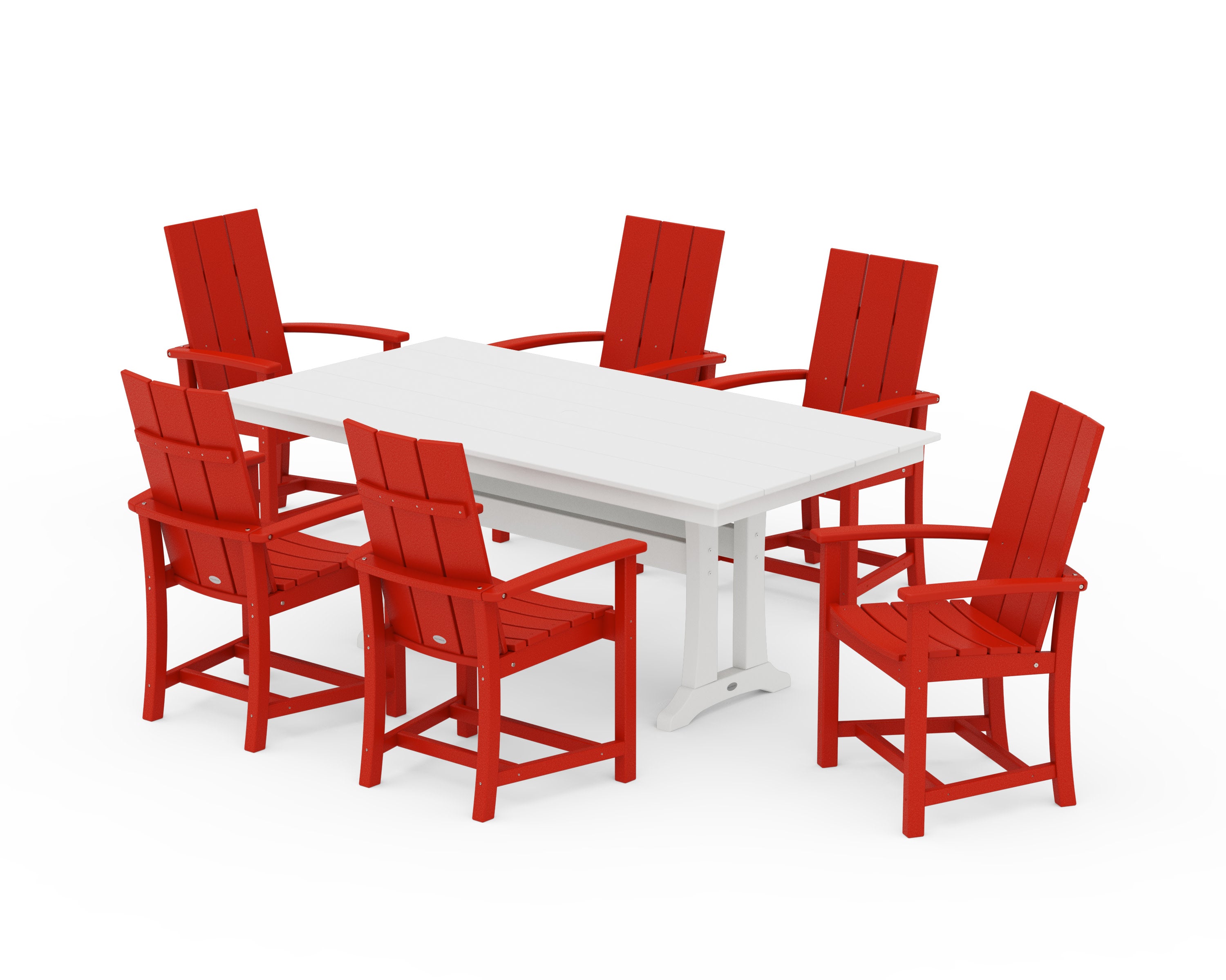 Modern Adirondack 7-Piece Farmhouse Dining Set with Trestle Legs in Sunset Red / White
