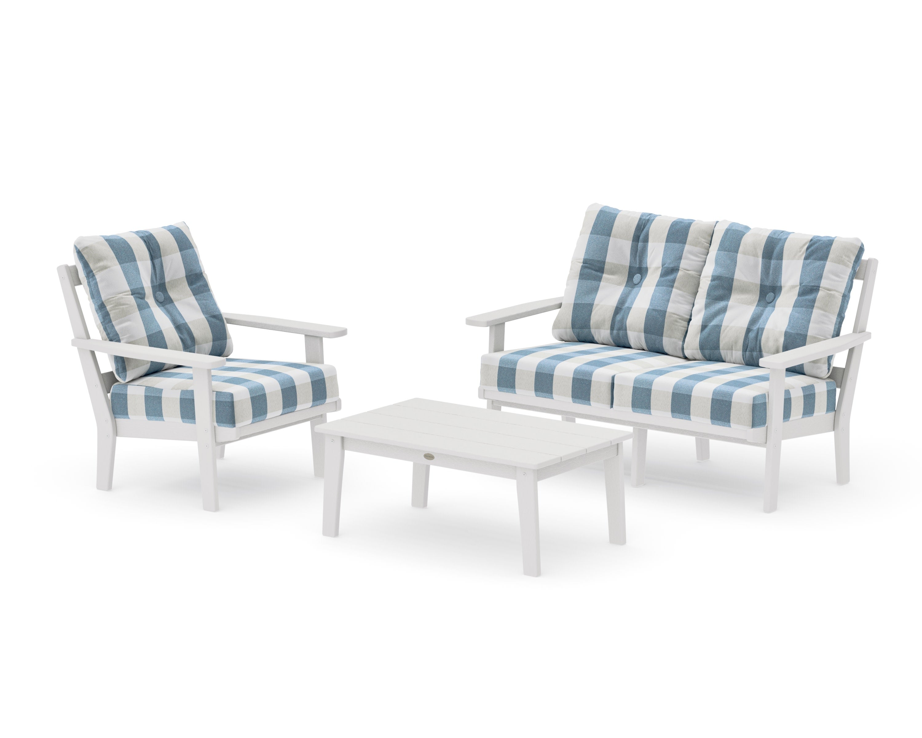 Oxford 3-Piece Deep Seating Set with Loveseat in Vintage White / Buffalo Plaid Sky Blue