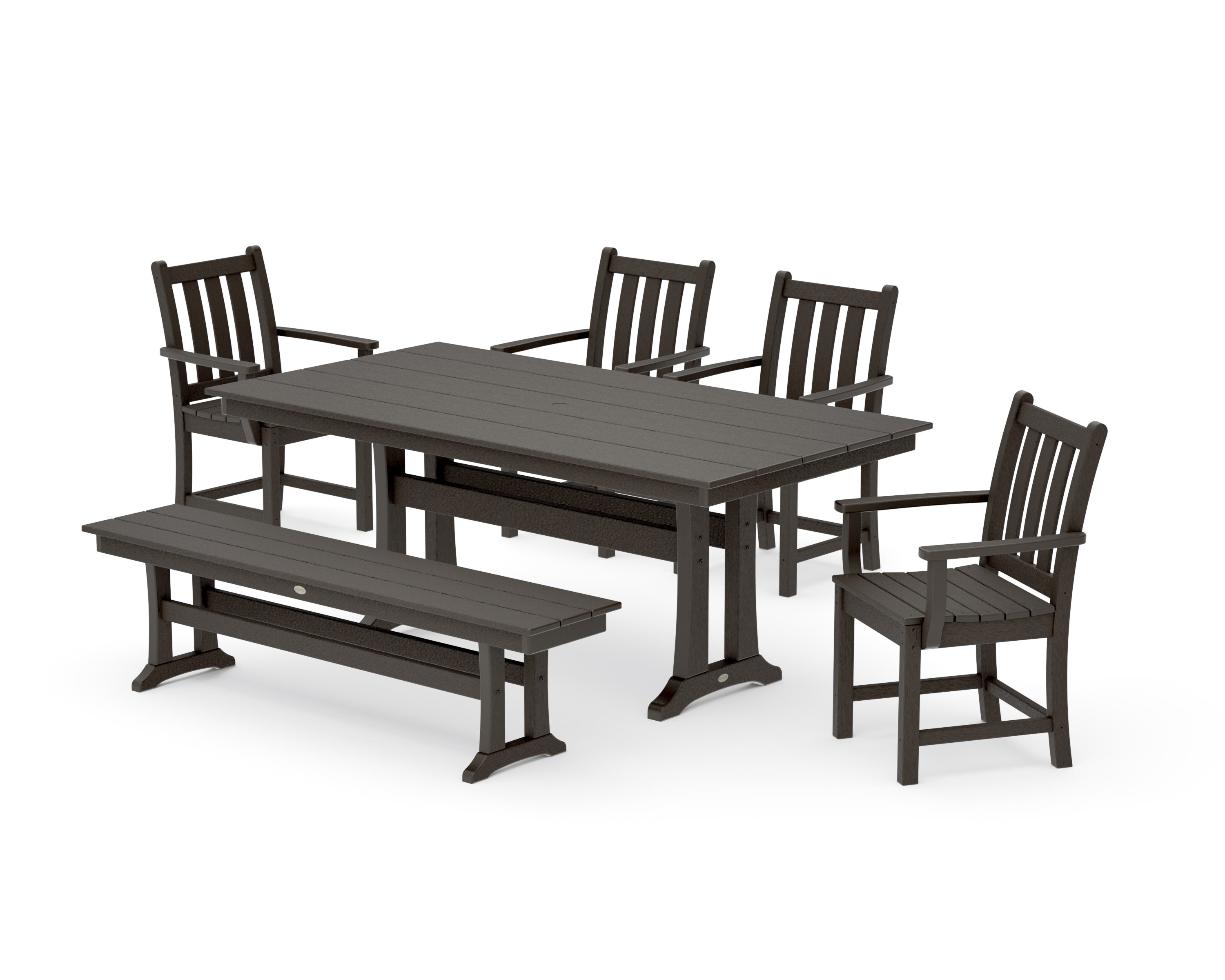 Traditional Garden Arm Chair 6-Piece Farmhouse Dining Set with Trestle Legs and Bench in Vintage Coffee