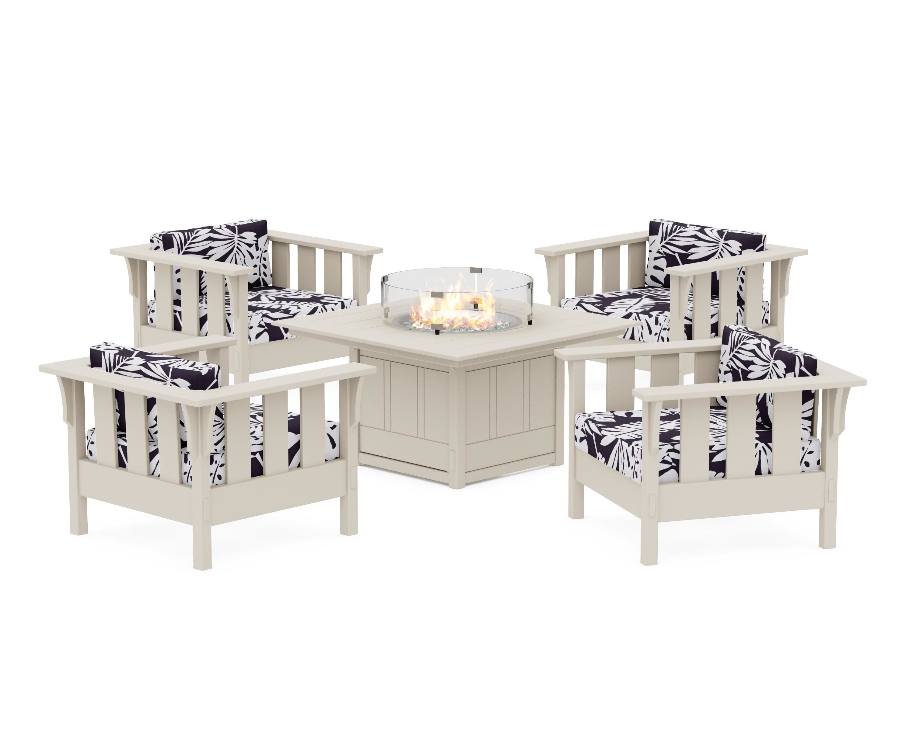 Acadia 5-Piece Deep Seating Set with Fire Pit Table in Sand / Leaf Navy
