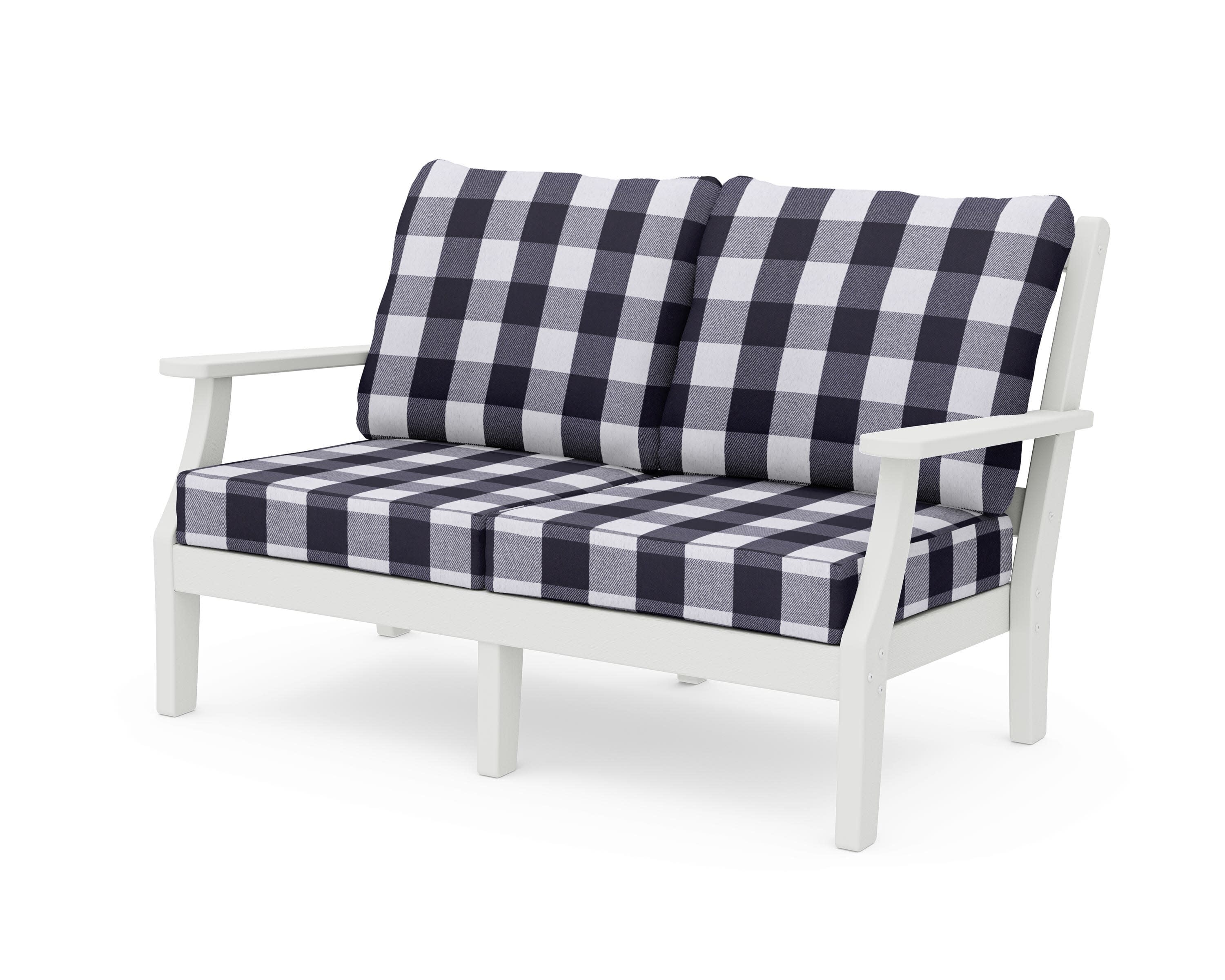 Chinoiserie Deep Seating Loveseat in Vintage White / Buffalo Plaid Navy