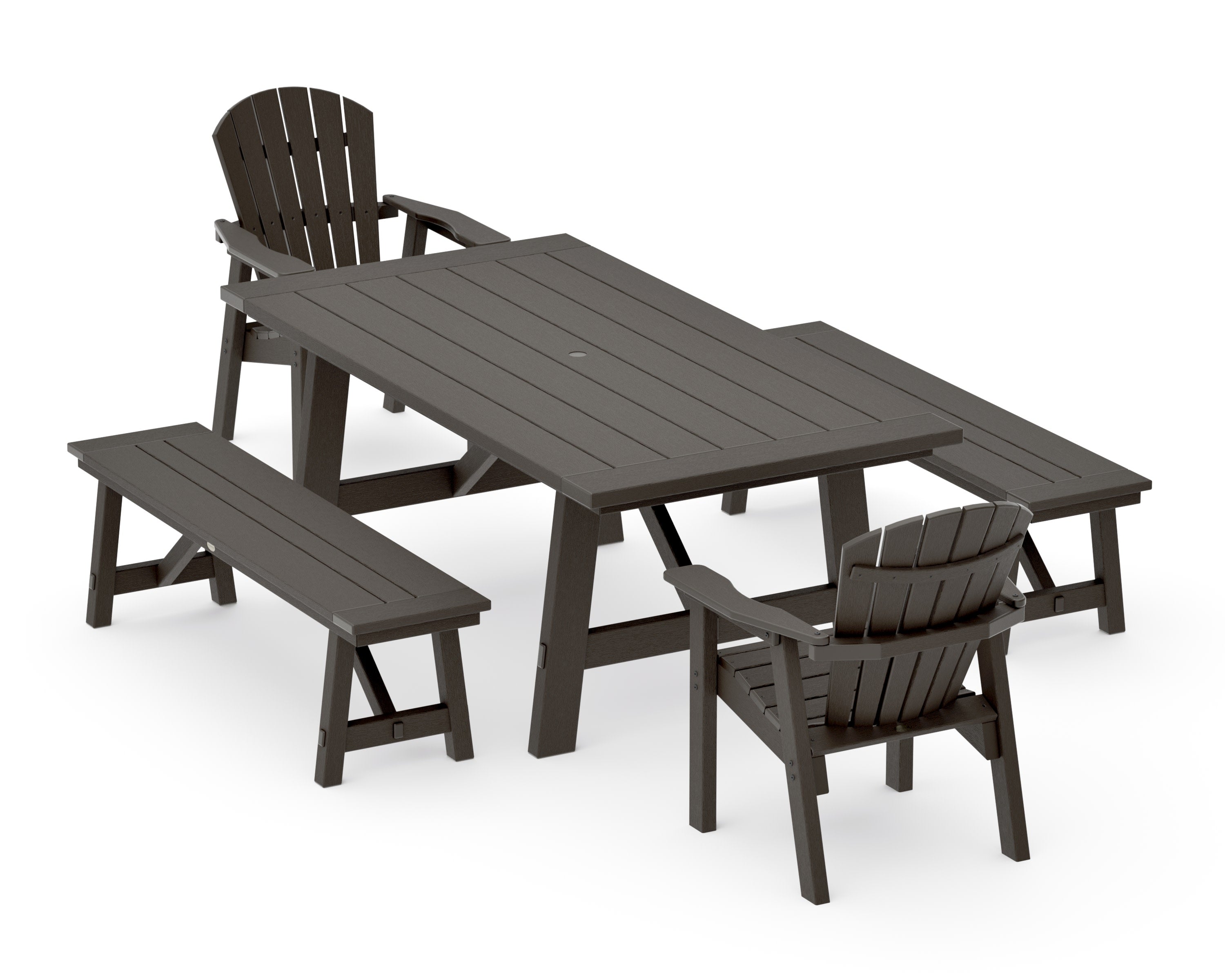 Seashell 5-Piece Rustic Farmhouse Dining Set With Benches in Vintage Coffee