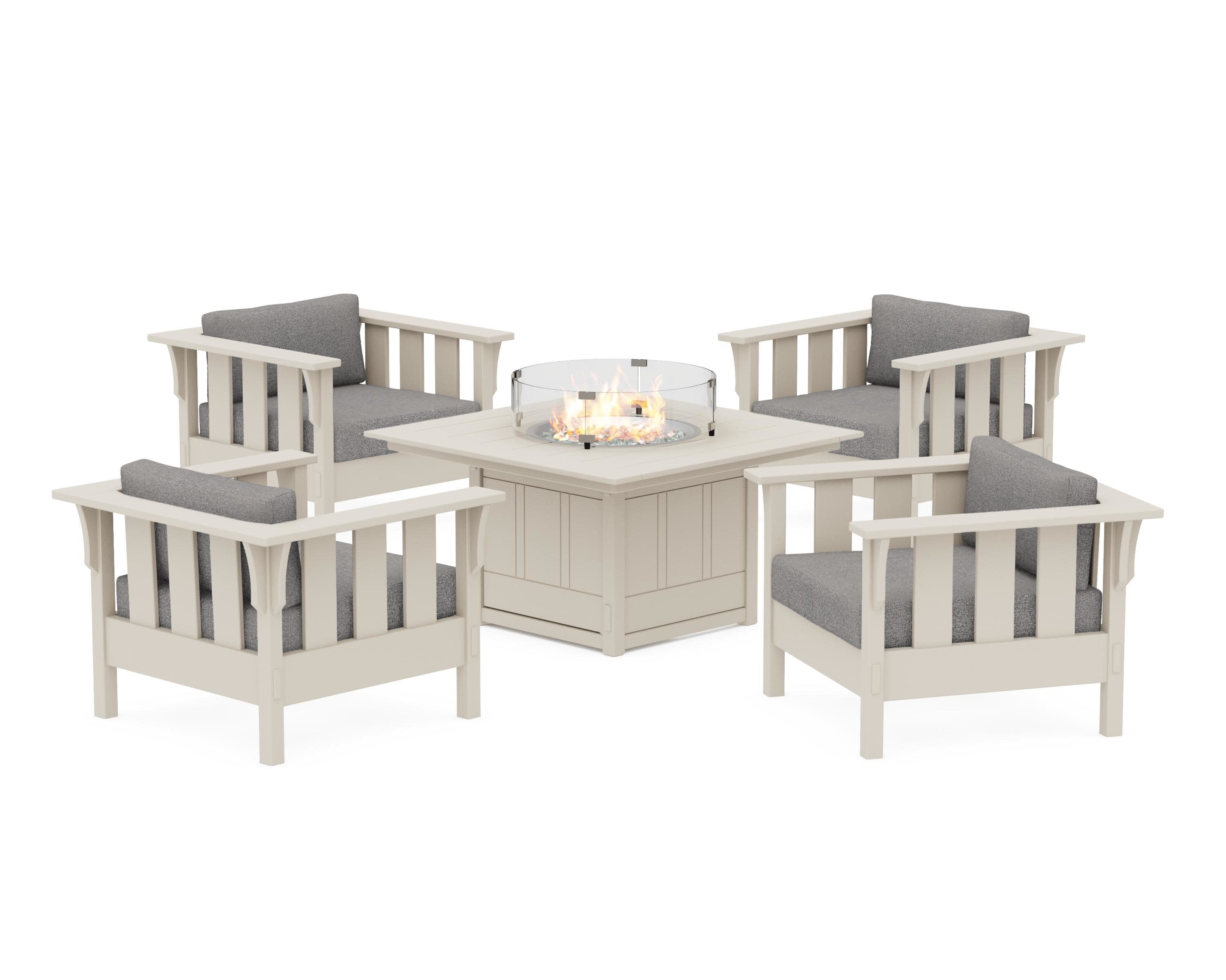 Acadia 5-Piece Deep Seating Set with Fire Pit Table in Sand / Grey Mist