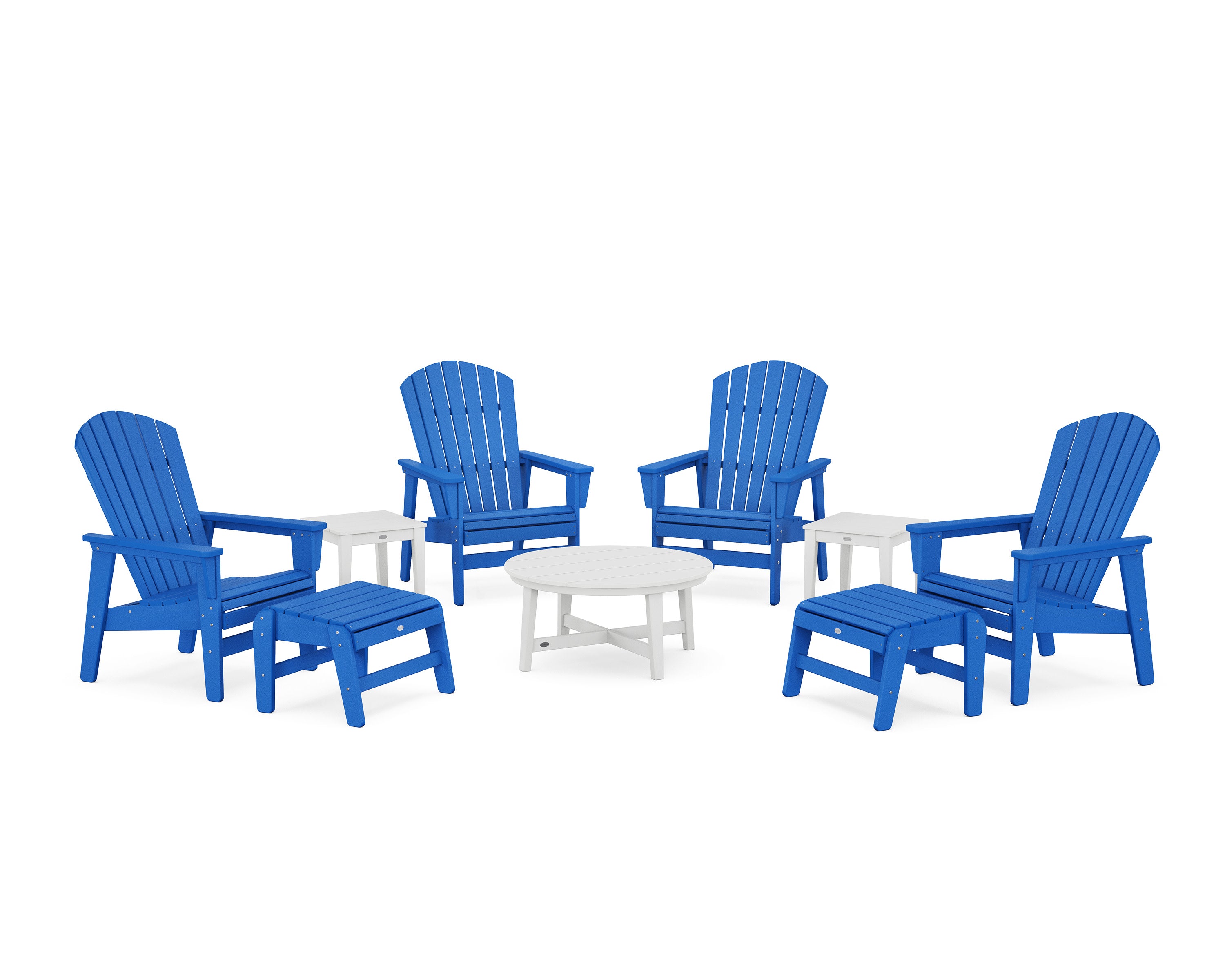 Nautical Grand Upright Adirondack 9-Piece Conversation Set in Pacific Blue / White