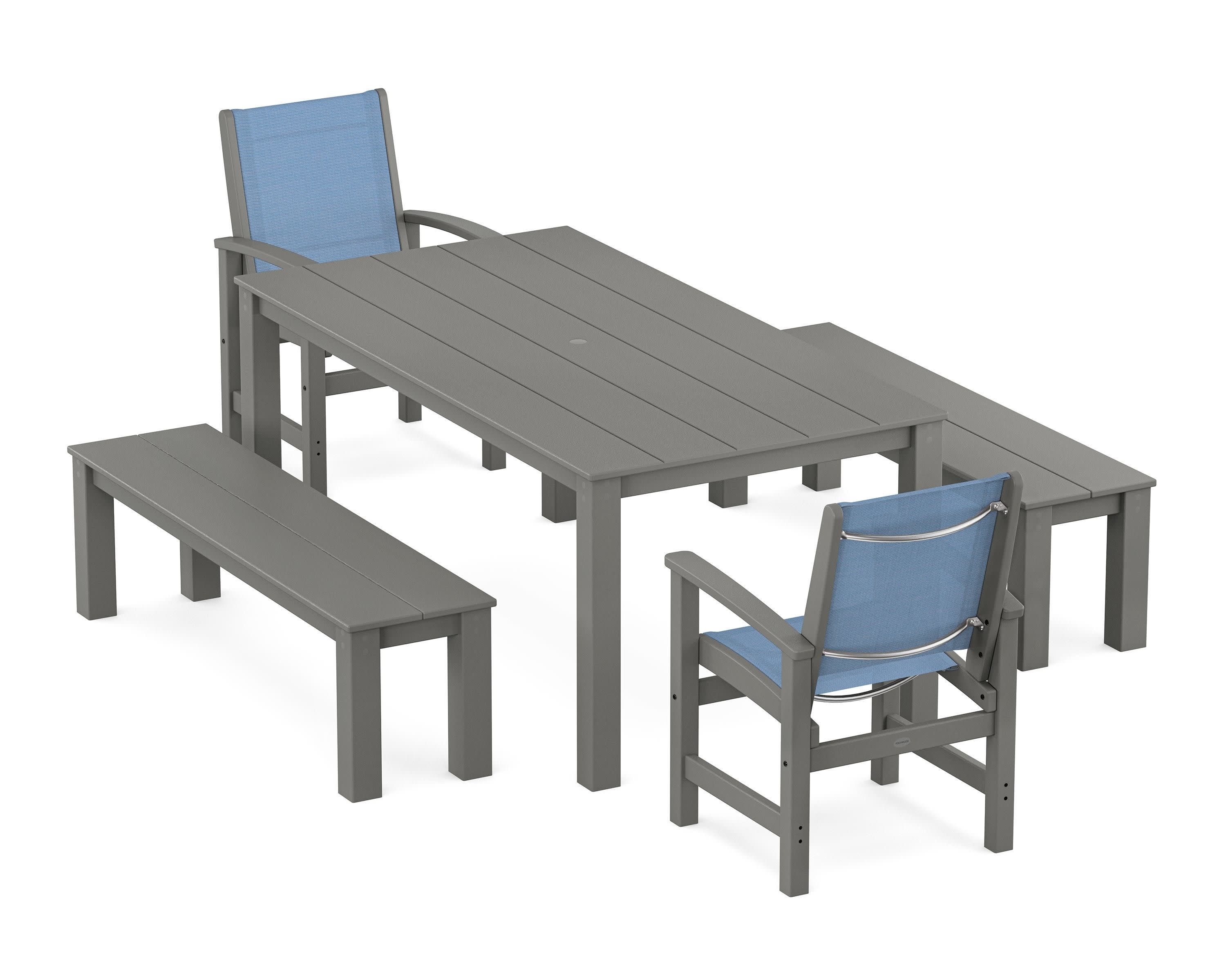 Coastal 5-Piece Parsons Dining Set with Benches in Slate Grey / Poolside Sling