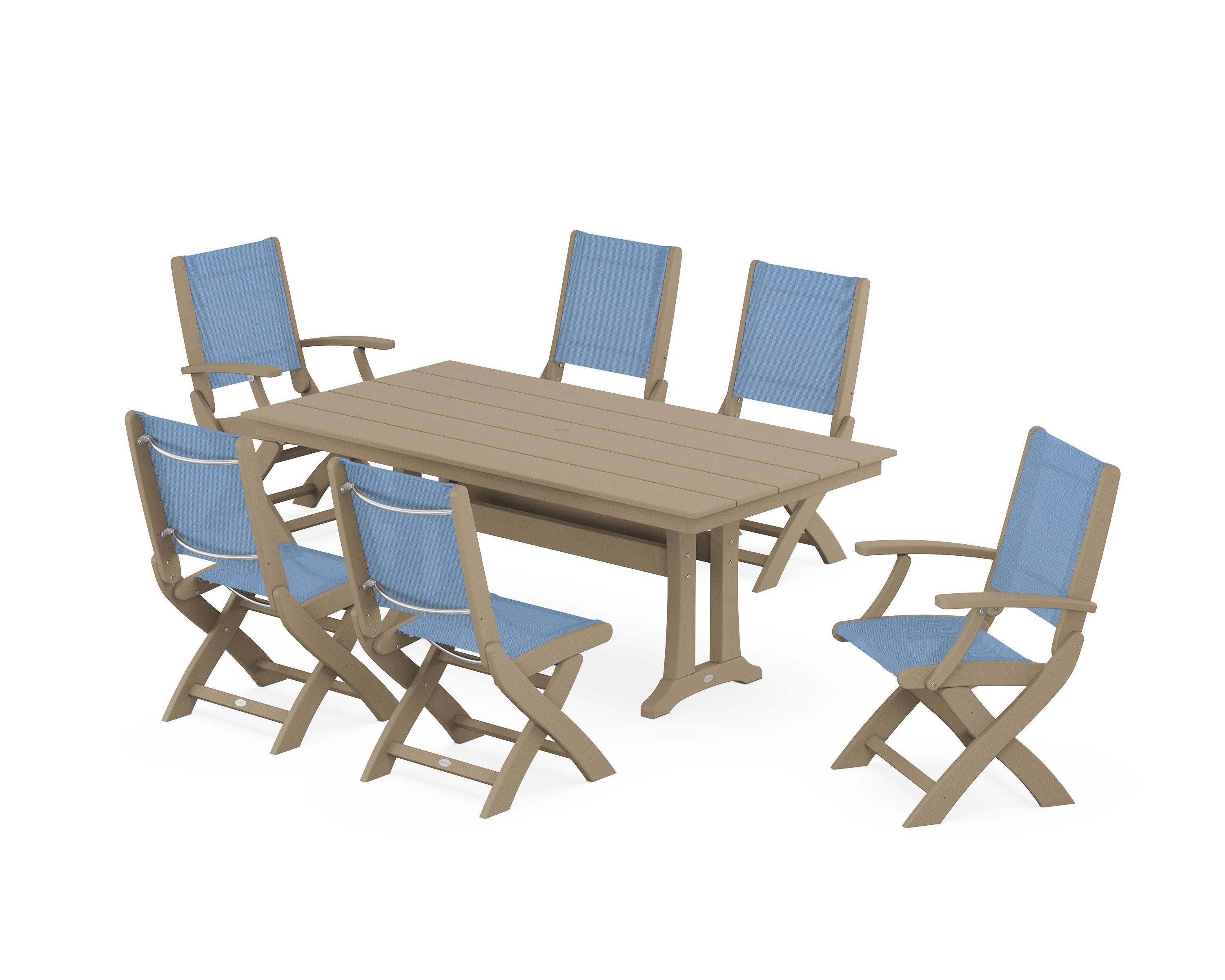 Coastal Folding Chair 7-Piece Farmhouse Dining Set with Trestle Legs in Vintage Sahara / Poolside Sling