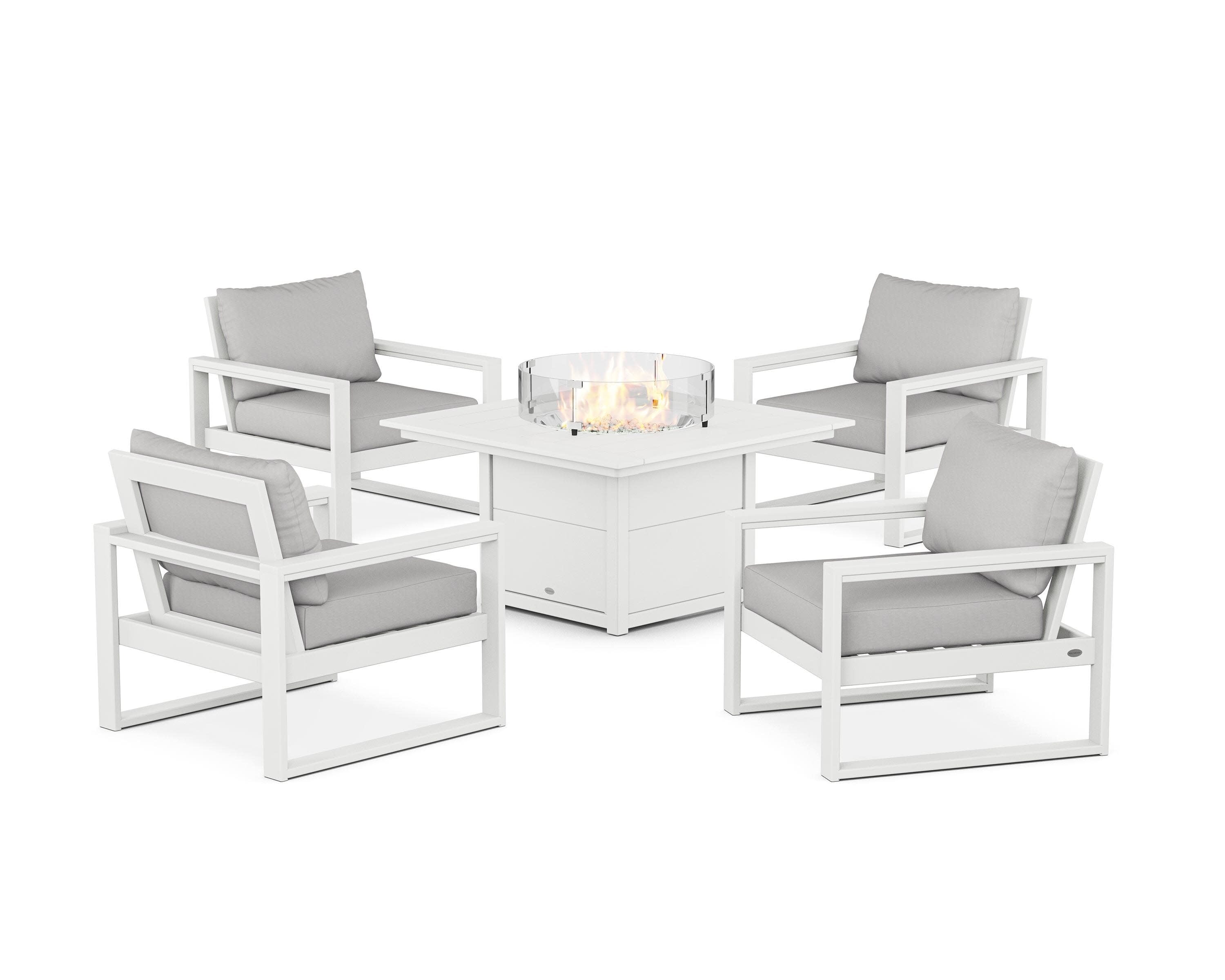 EDGE Sectional 5-Piece Deep Seating Set with Fire Pit Table in White / Diamond in the Rough