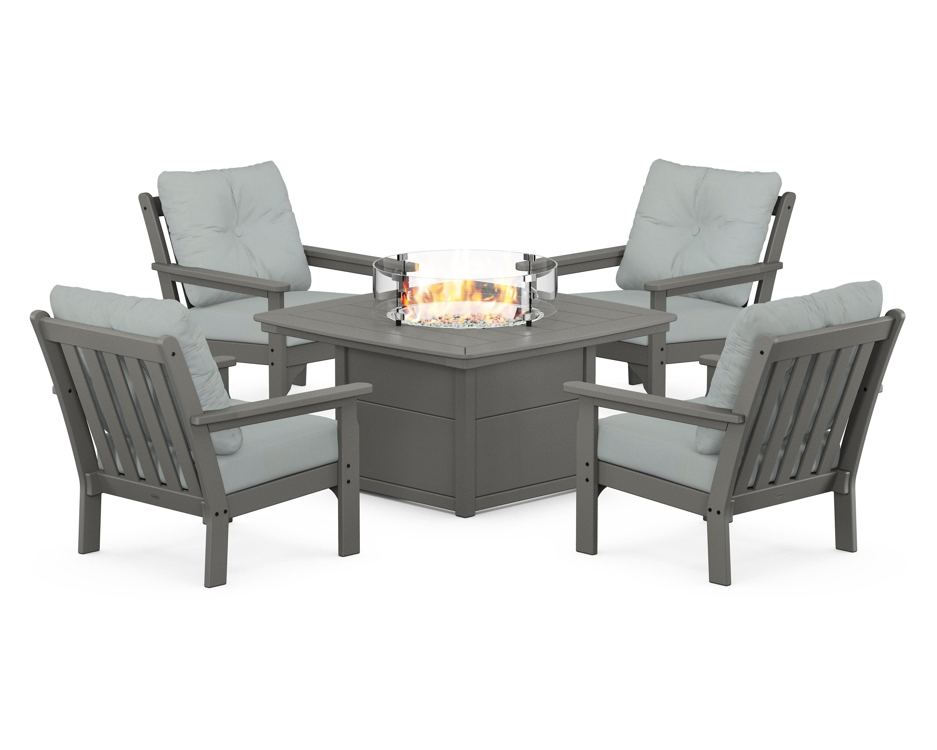 Vineyard 5-Piece Conversation Set with Fire Pit Table in Slate Grey / Spa