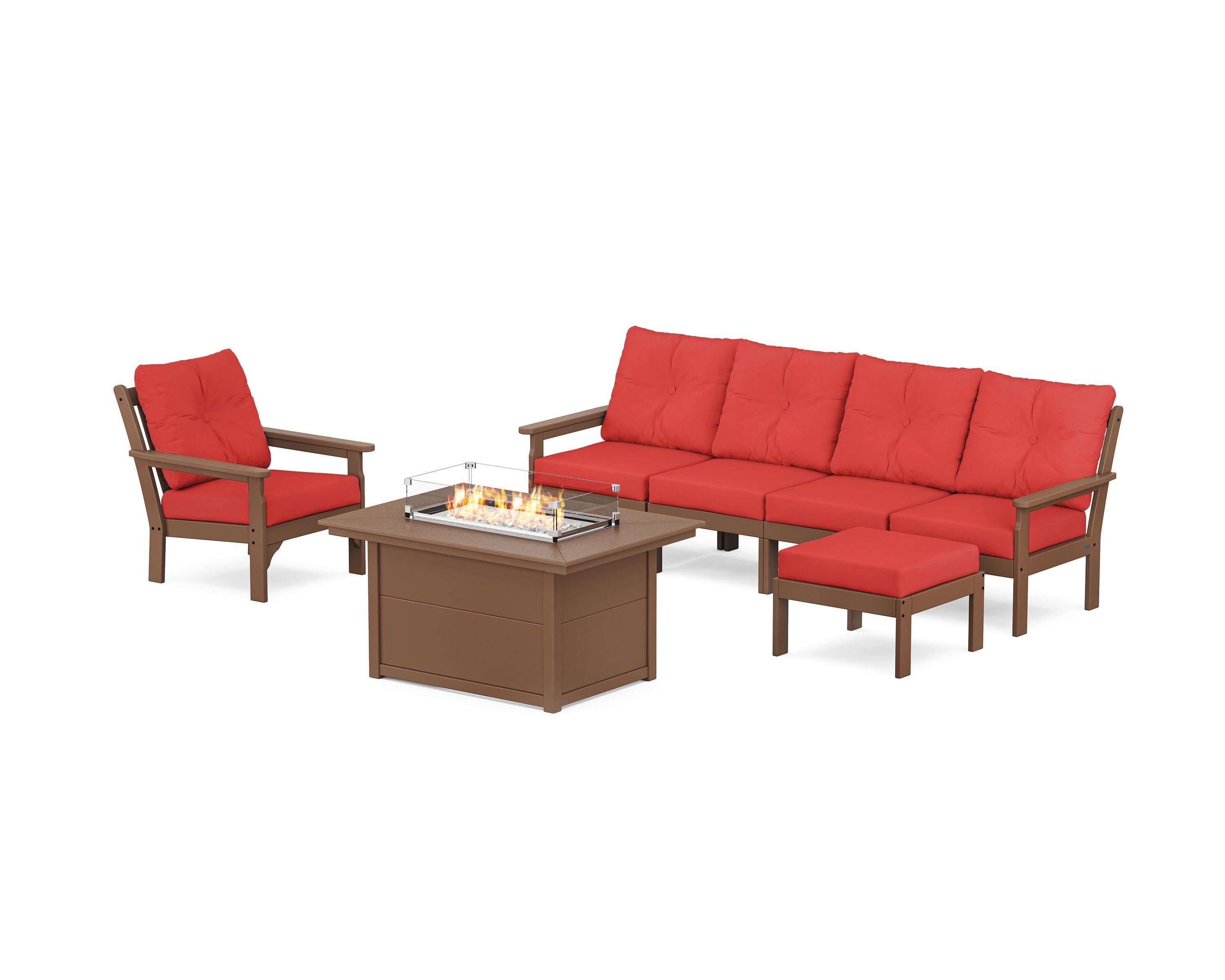 Vineyard Sectional Lounge and Fire Pit Set in Teak / Crimson Linen