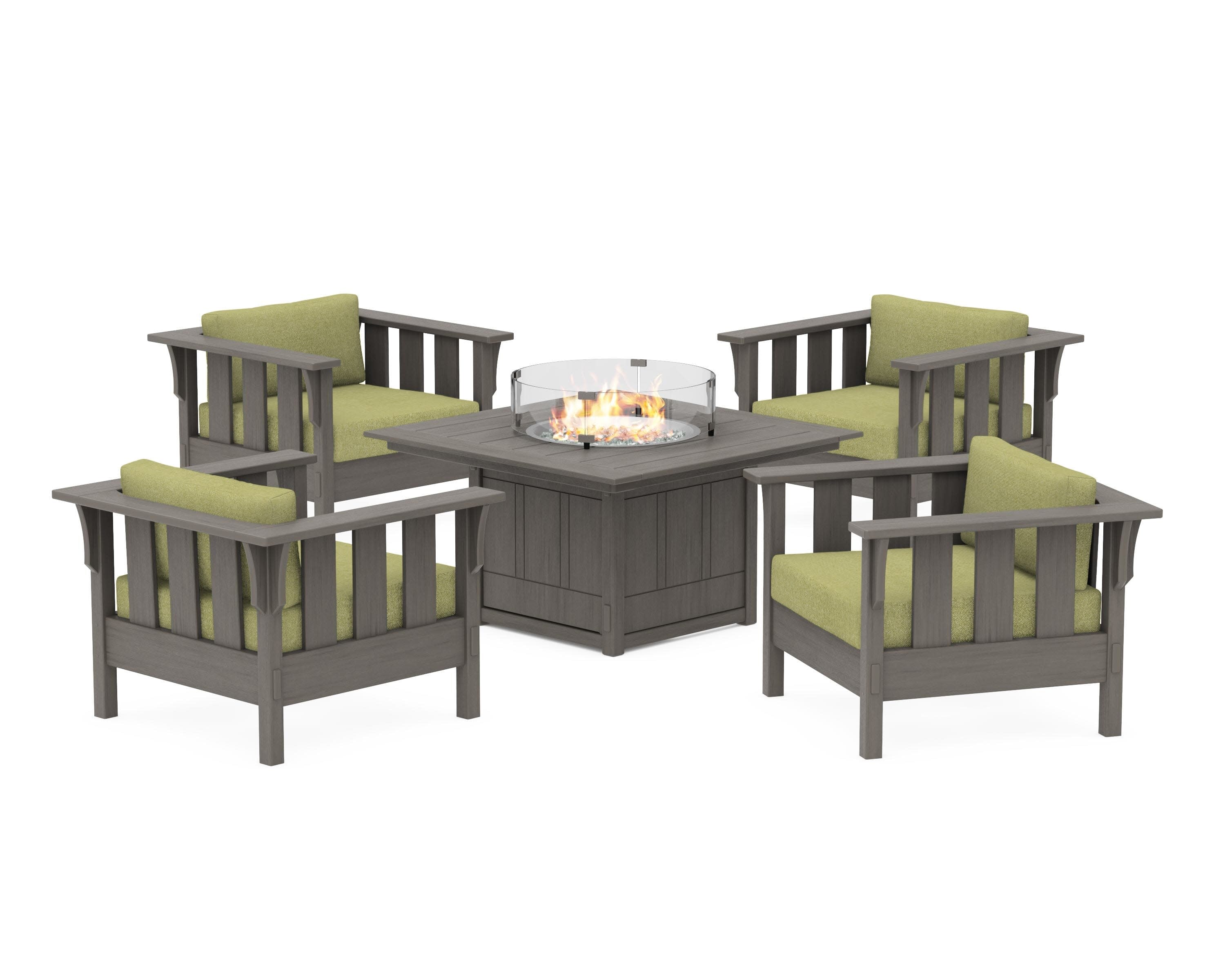 Acadia 5-Piece Deep Seating Set with Fire Pit Table in Driftwood / Chartreuse Boucle