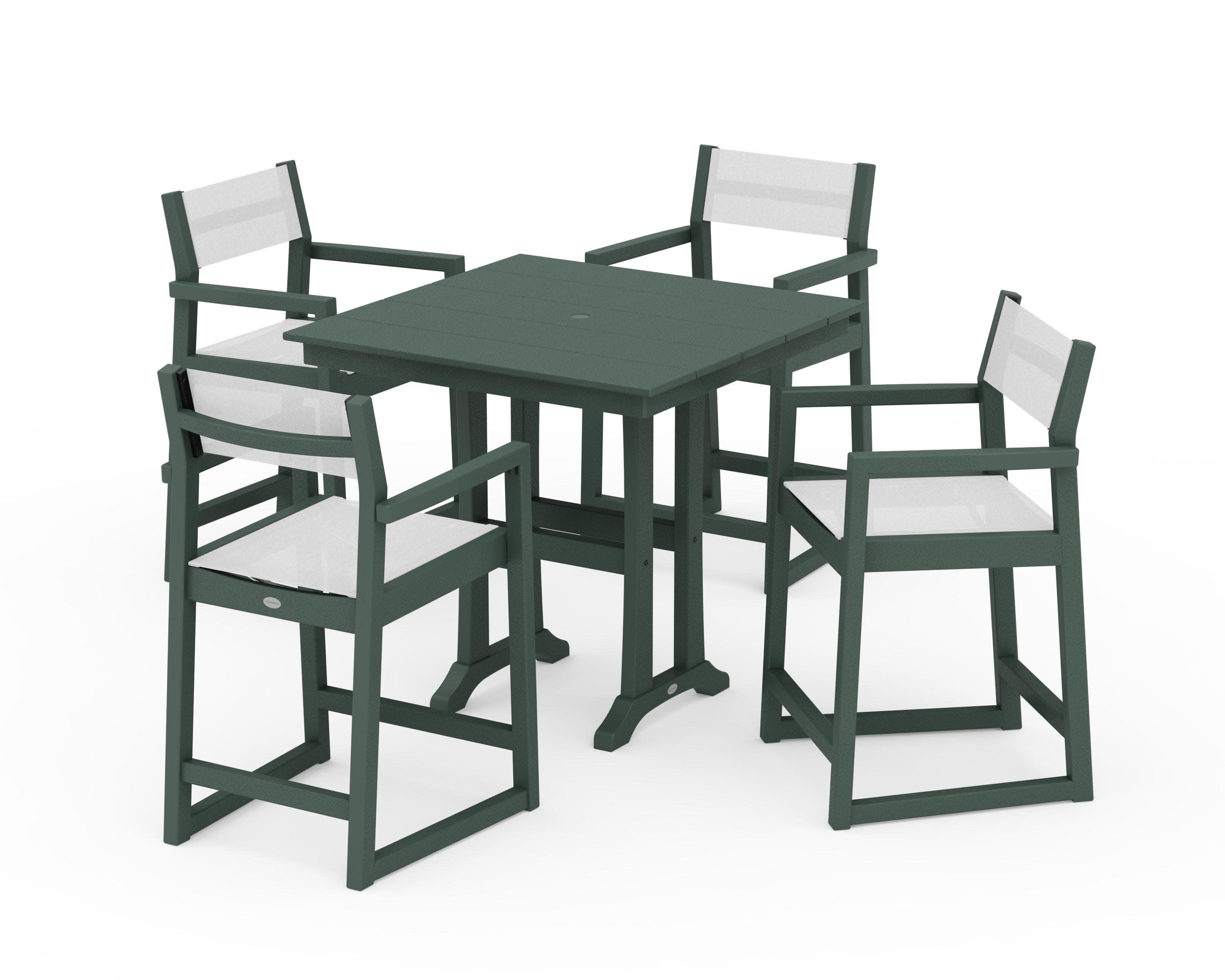 EDGE Sling Arm Chair 5-Piece Farmhouse Counter Set with Trestle Legs in Green / White Sling