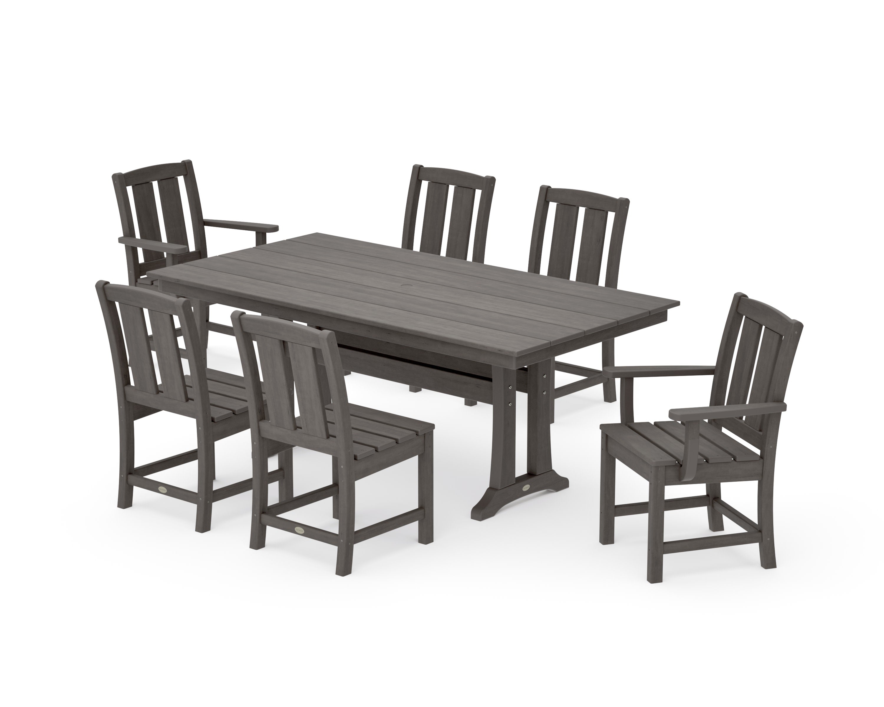 Mission 7-Piece Farmhouse Dining Set with Trestle Legs in Driftwood