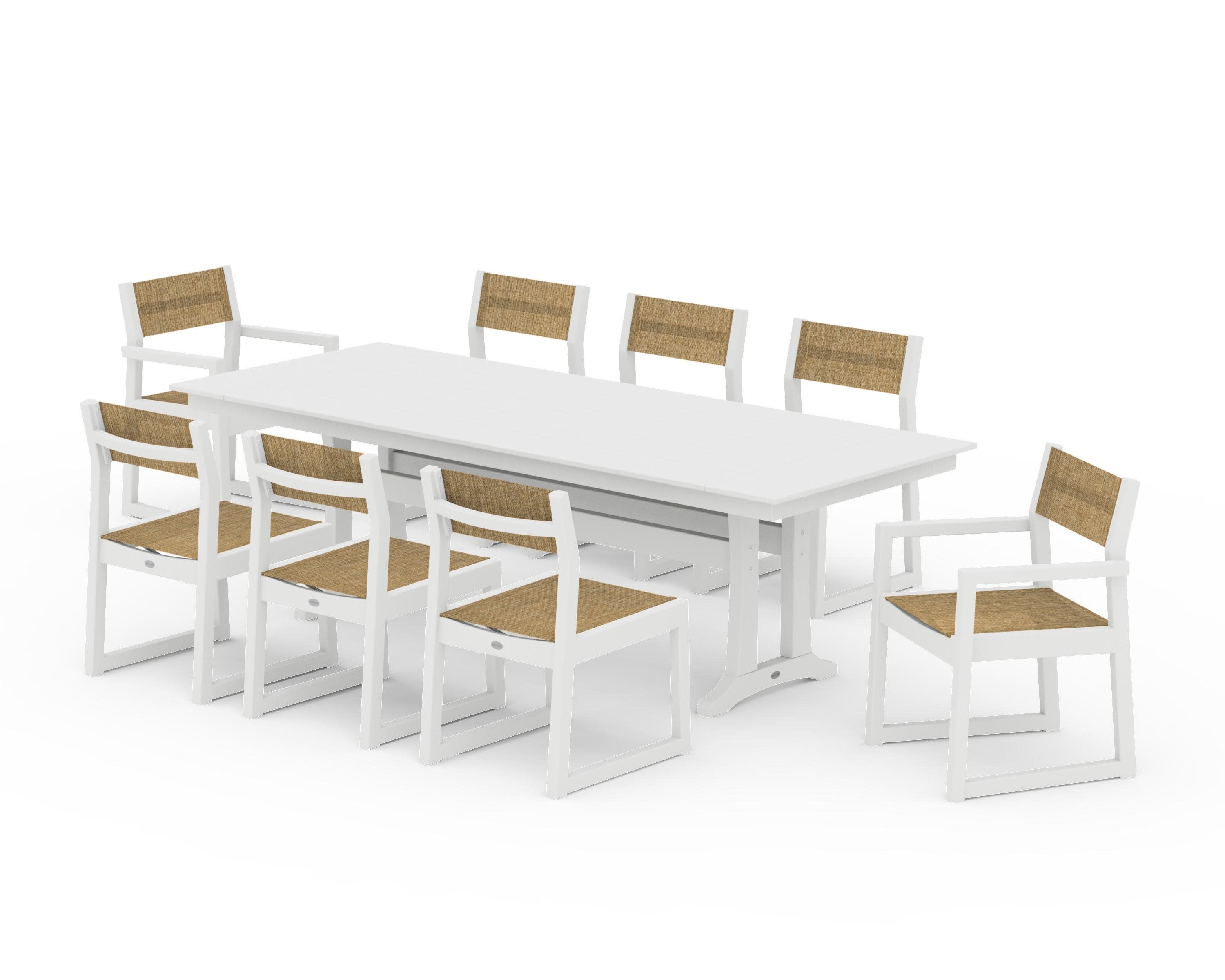 EDGE Sling 9-Piece Farmhouse Trestle Dining Set in White / Burlap Sling